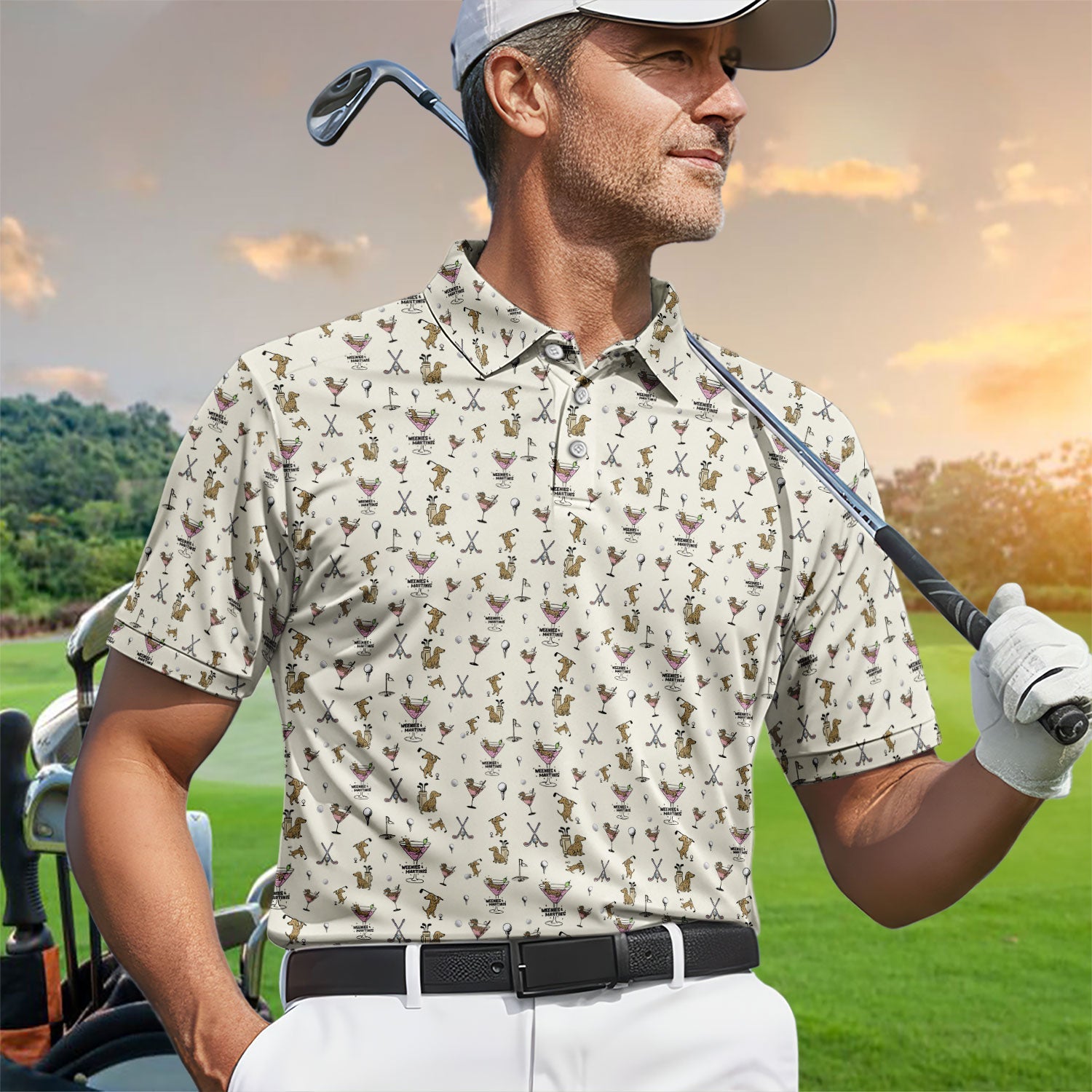 Funny Dachshund Golf Polos, Weenies Dog And Martinis Pattern Shirt For Men, Crazy Golf Shirt For Golfer