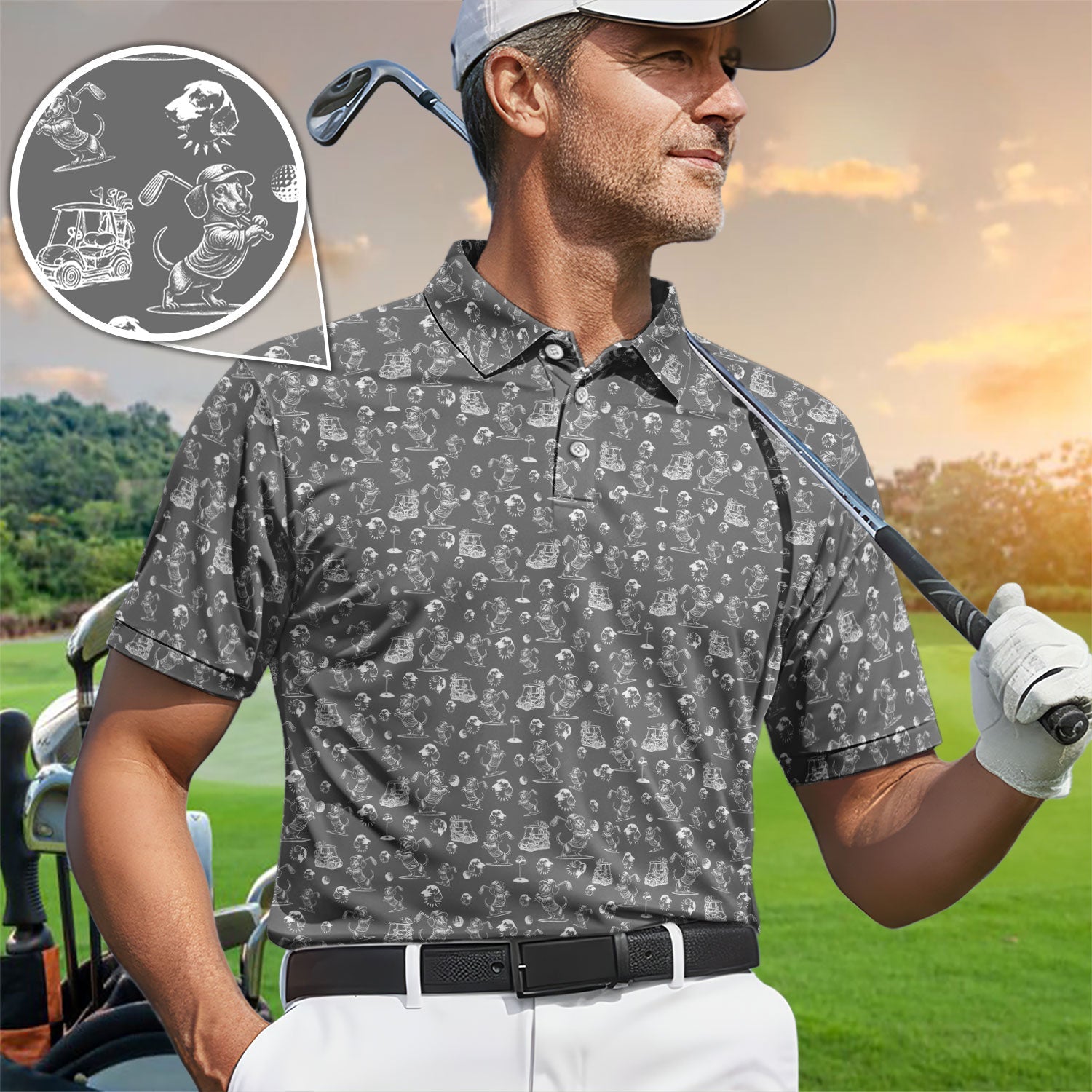 Funny Dachshund Pattern Golf Shirt For Men, Wiener Dog Golf Polos For Golfer, Dad Golf Gift
