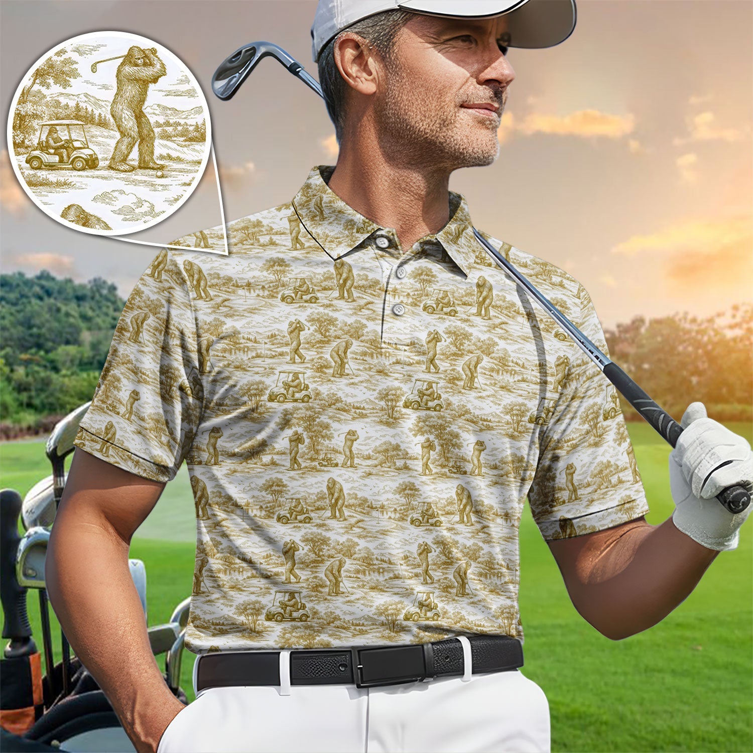 Crazy Bigfoot Pattern Golf Polos, Funny Sasquatch Golf Shirt For Men, Golf Gift For Golfer