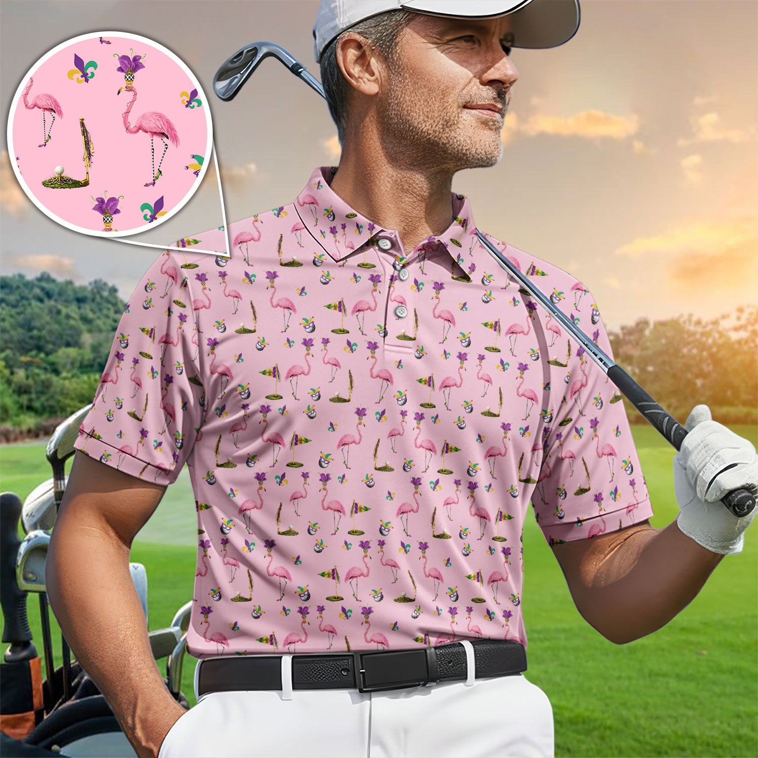 Flamingo Mardi Gras Golf Polos For Golfer, Funny Holiday Pattern Golf Shirt, Golf Gift For Men