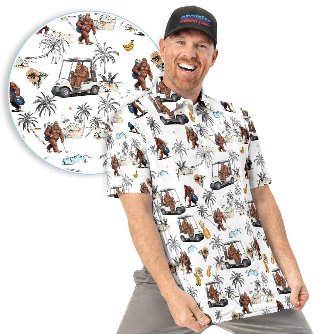 Funny Bigfoot Golf Pattern Shirt, Sasquatch Hawaiian Golf Polo For Men, Golfer Gift