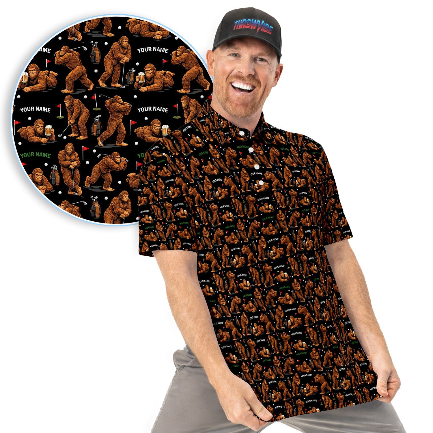 Personalized Bigfoot Pattern Golf Polos, Crazy Bigfoot Golf Shirt For Men, Funny Golf Shirt