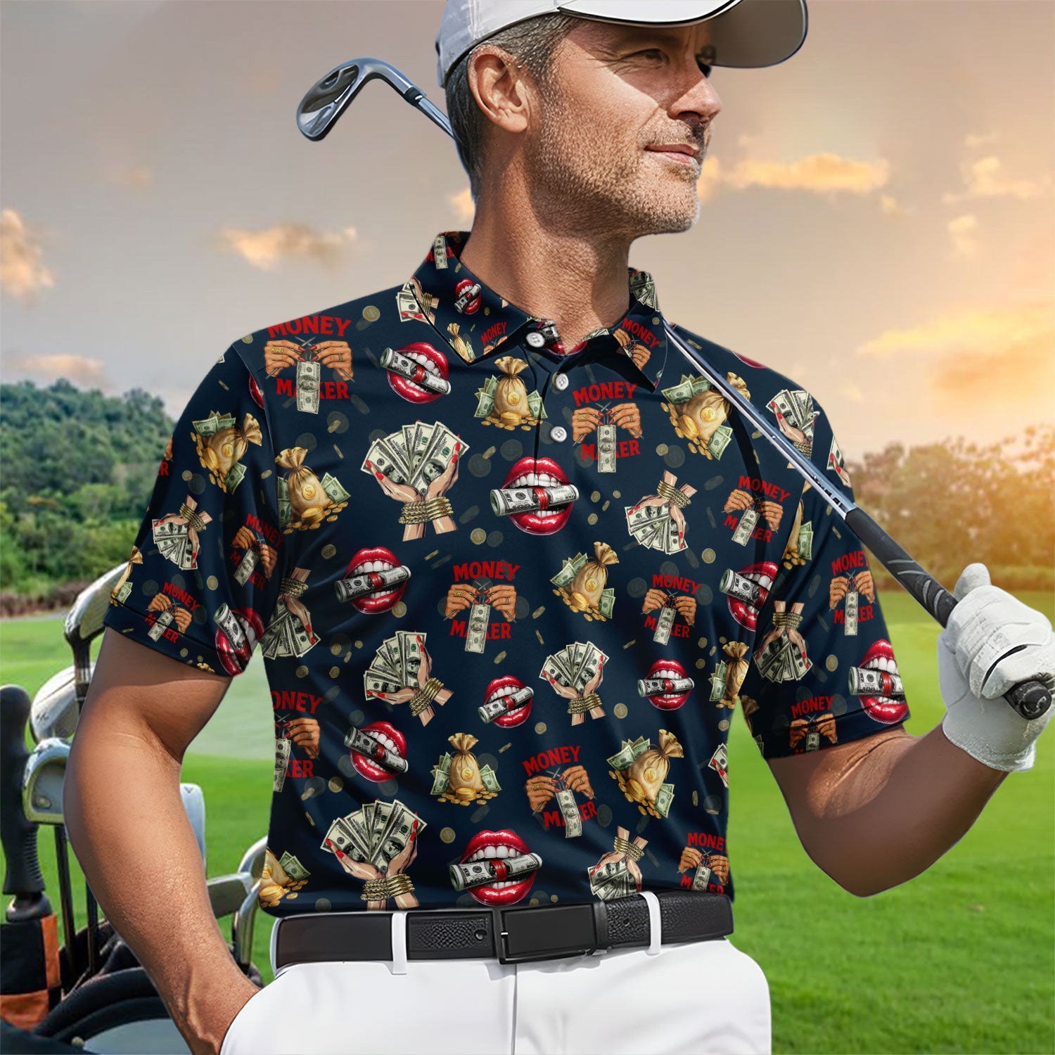 Funny Money Golf Shirt, Make Money Pattern Golf Polos, Crazy Golf Gift For Men