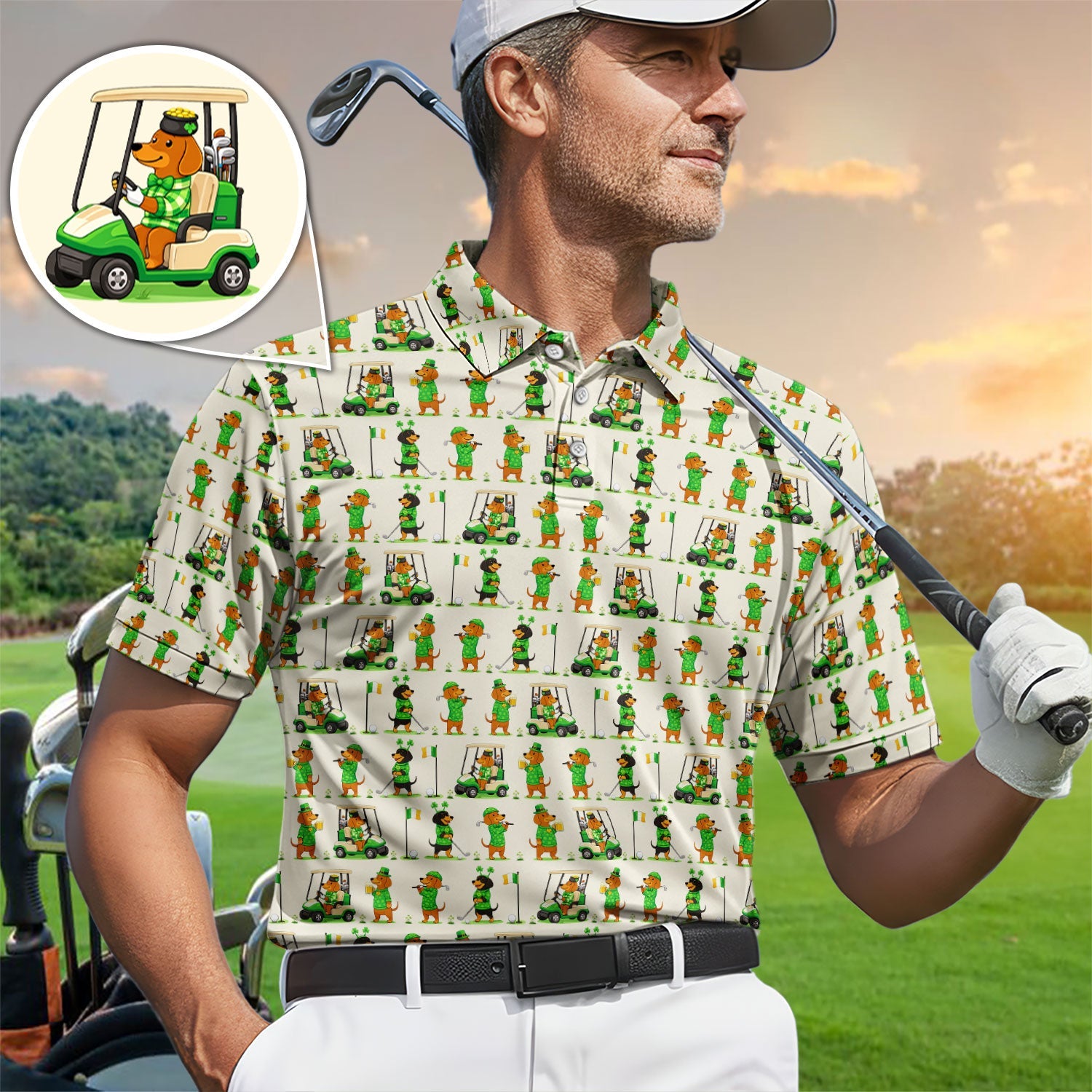 St. Patrick’s Day Dachshund Pattern Golf Polos, Funny Irish Wiener Dog Golf Shirt For Men, Golf Gift For Golfer