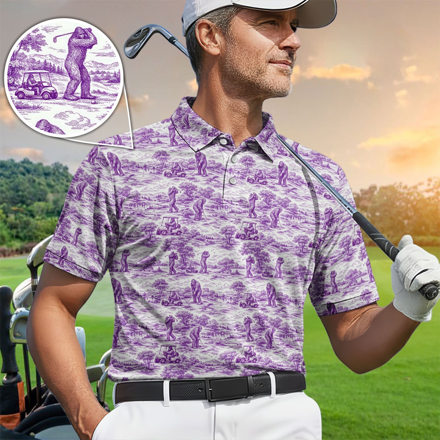 Crazy Bigfoot Pattern Golf Polos, Funny Sasquatch Golf Shirt For Men, Golf Gift For Golfer