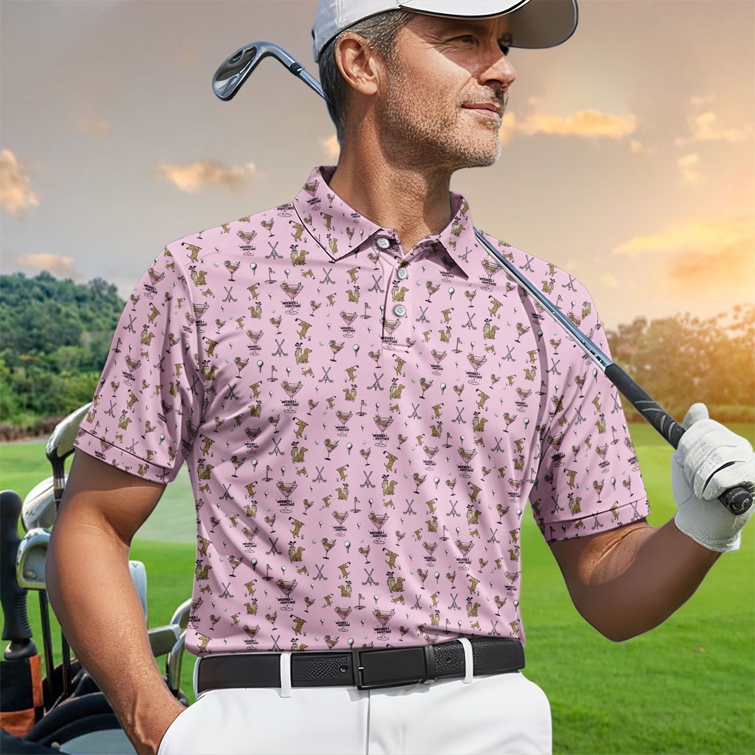 Funny Dachshund Golf Polos, Weenies Dog And Martinis Pattern Shirt For Men, Crazy Golf Shirt For Golfer
