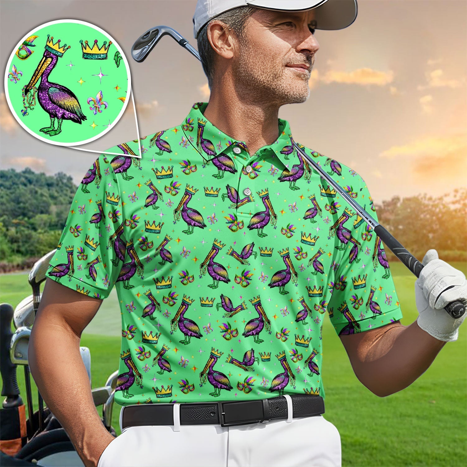 Mardi Gras Pelican Pattern Golf Polos, Funny Pelican Golf Shirt For Men, Crazy Golf Gift For Golfer