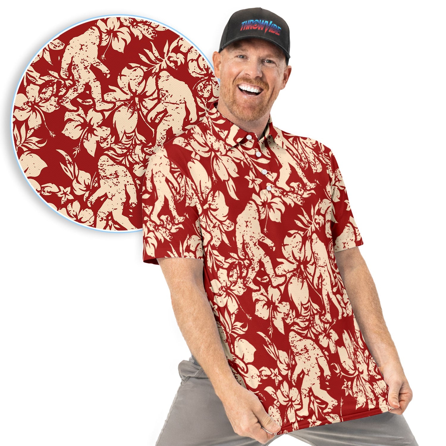 Red Bigfoot Hawaiian Polo Shirt For Men, Sasquatch Floral Aloha All Over Print, Tropical Casual Summer Golf Shirt