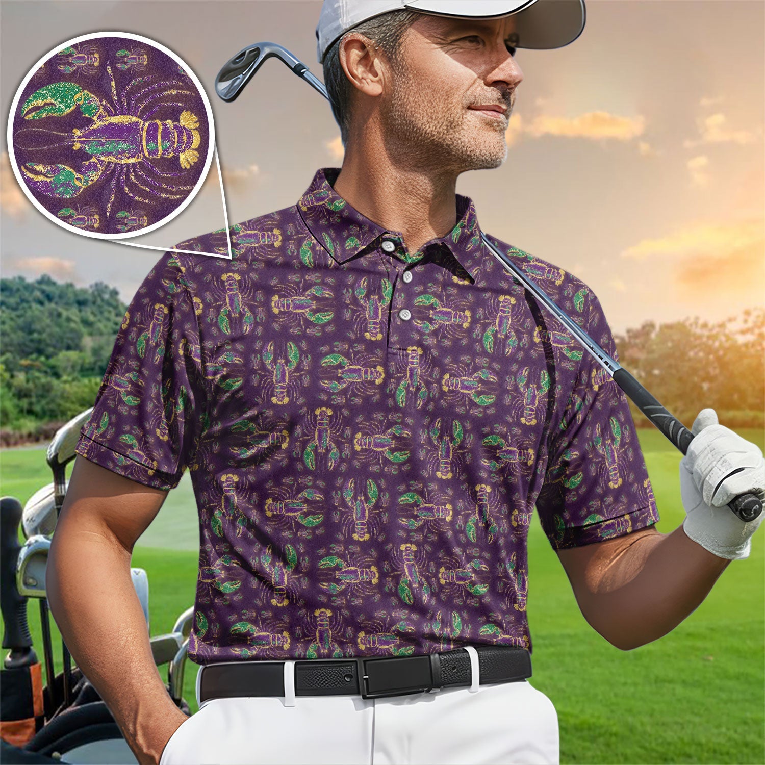 Louisiana Crawfish Pattern Golf Shirt, Mardi Gras Golf Polos For Golfer