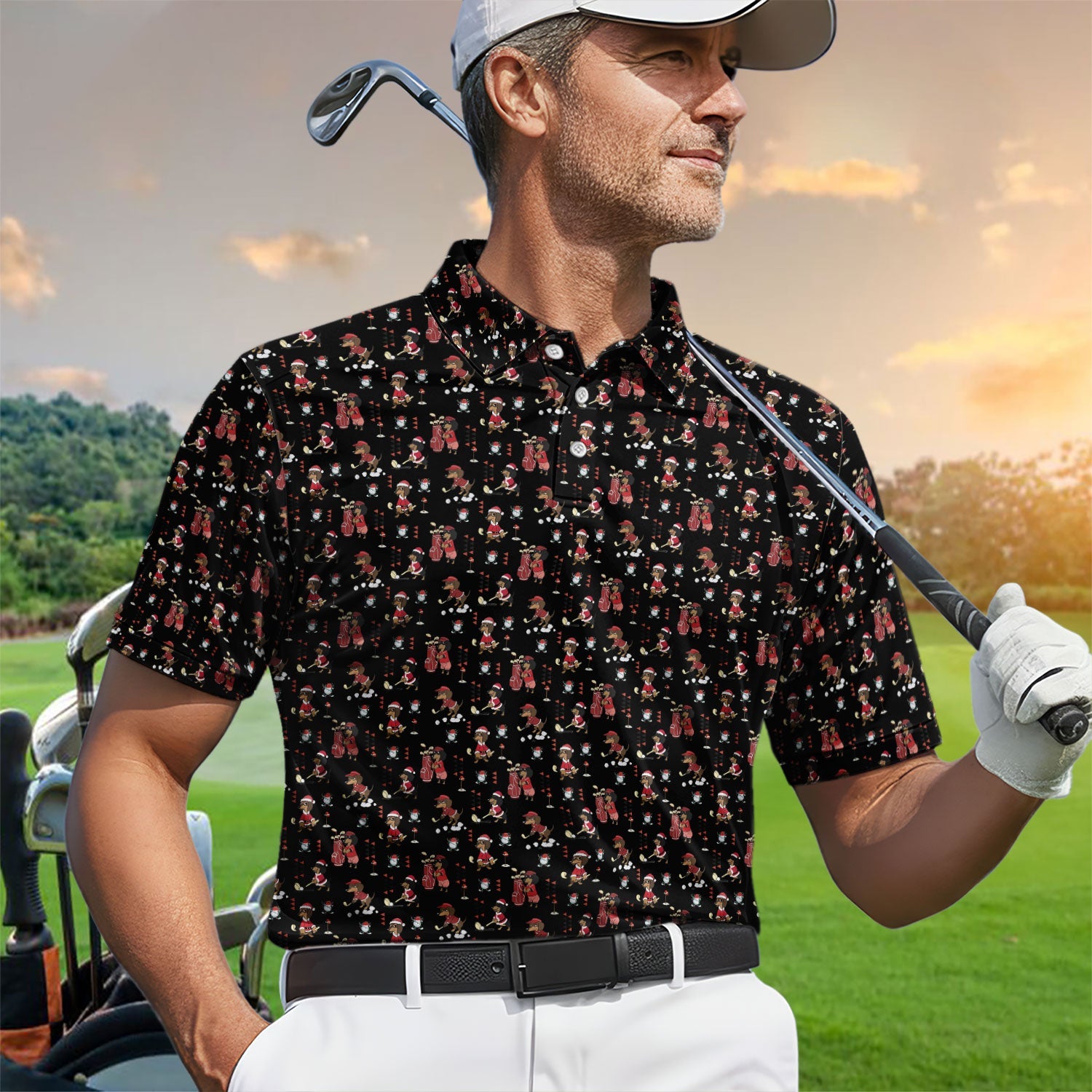 Funny Dachshund Christmas Golf Shirt, Cute Wiener Dog Pattern Polos, Festive Holiday Golf Shirt Gift For Men Golfers