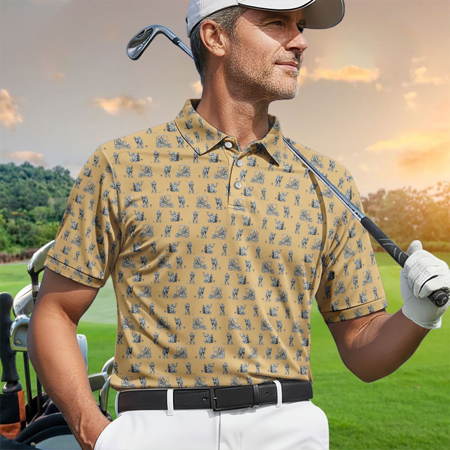 Funny Bigfoot Pattern Golf Shirt, Squatch Bigfoot Golf Polos, Crazy Golf Gift For Men