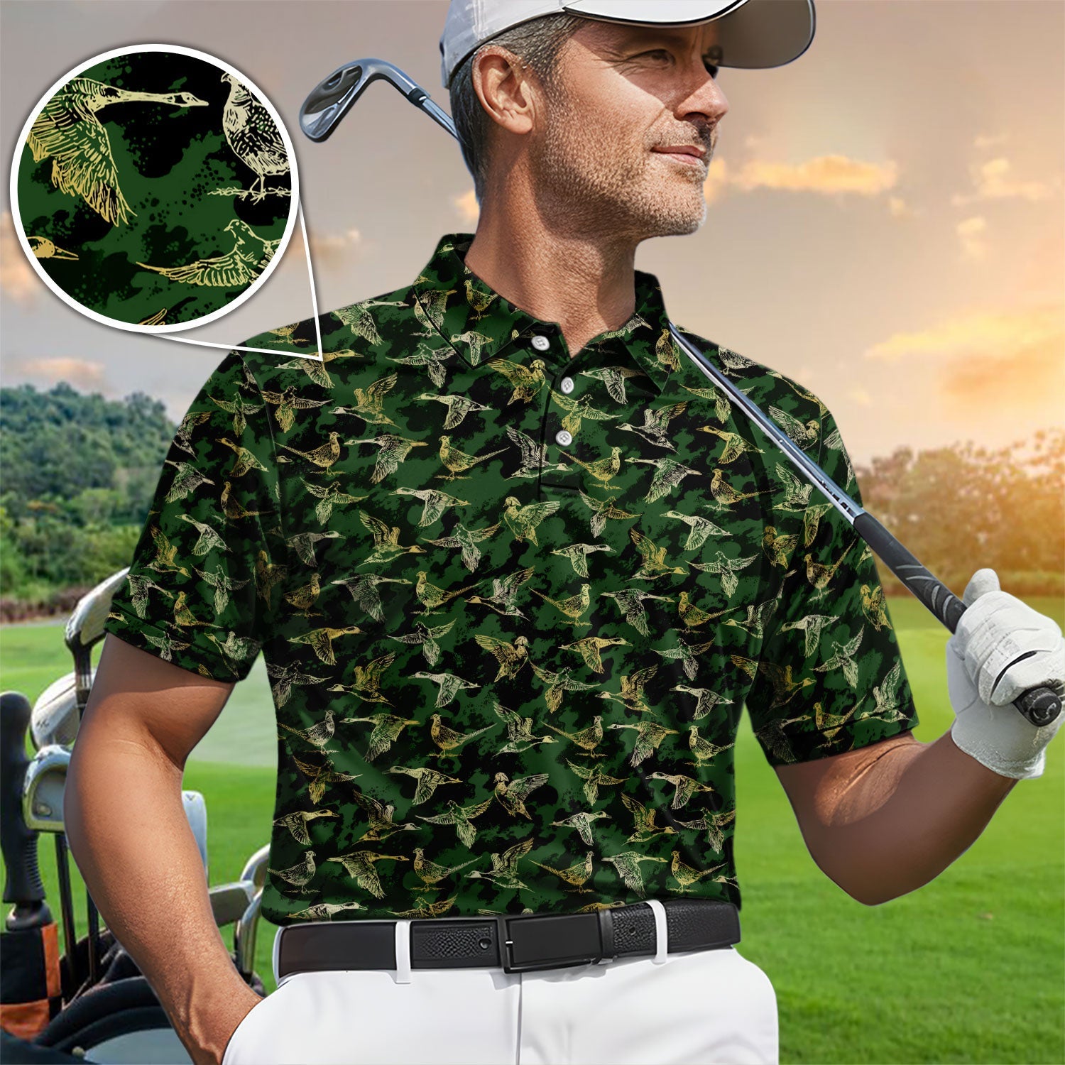 Duck Camo Pattern Golf Polos For Golfer, Flying Waterfowl Golf Shirt, Golf Gift For Men