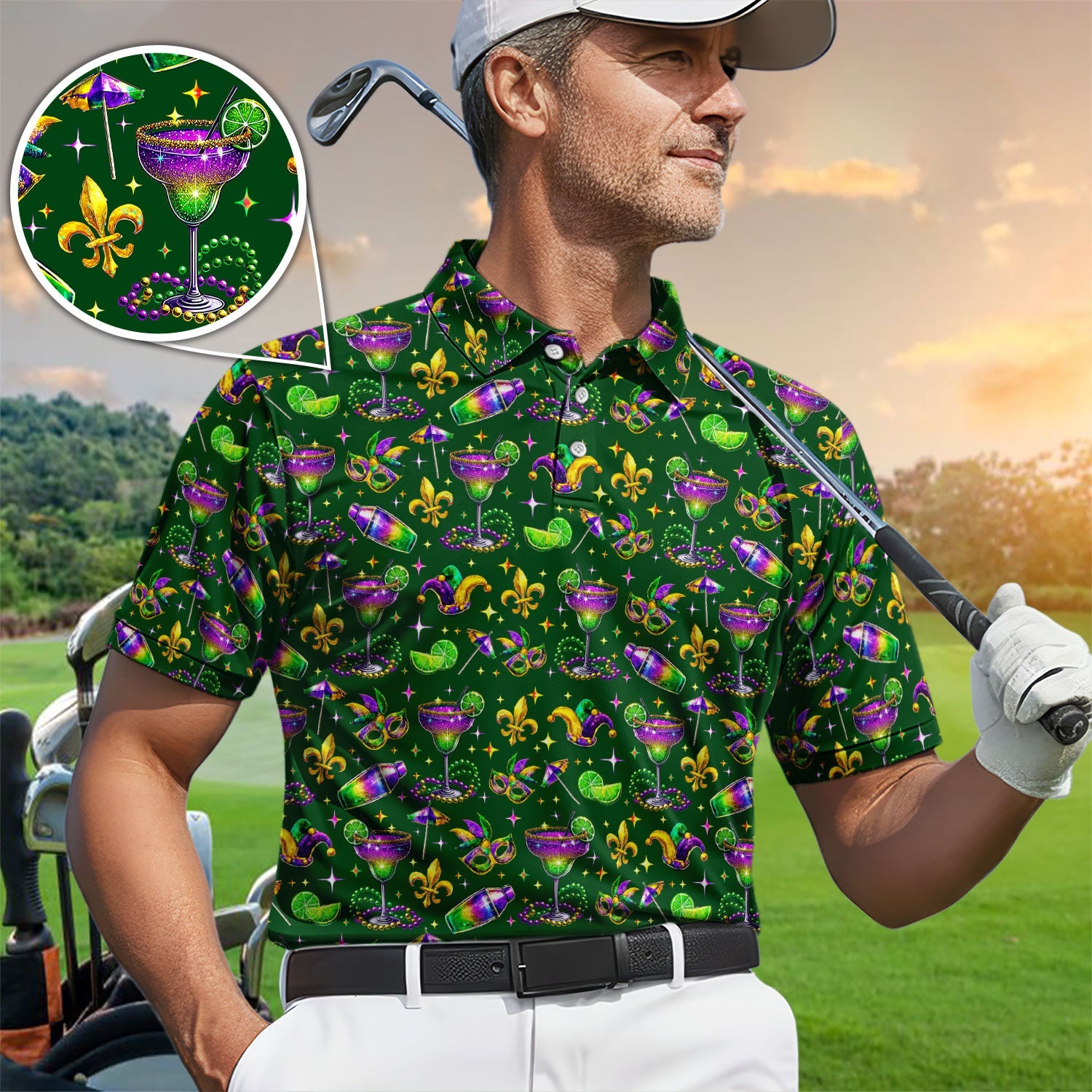 Funny Glitter Mardi Gras Pattern Golf Polos, Mardi Gras And Margaritas Golf Shirt For Men, Golf Gift For Golfer