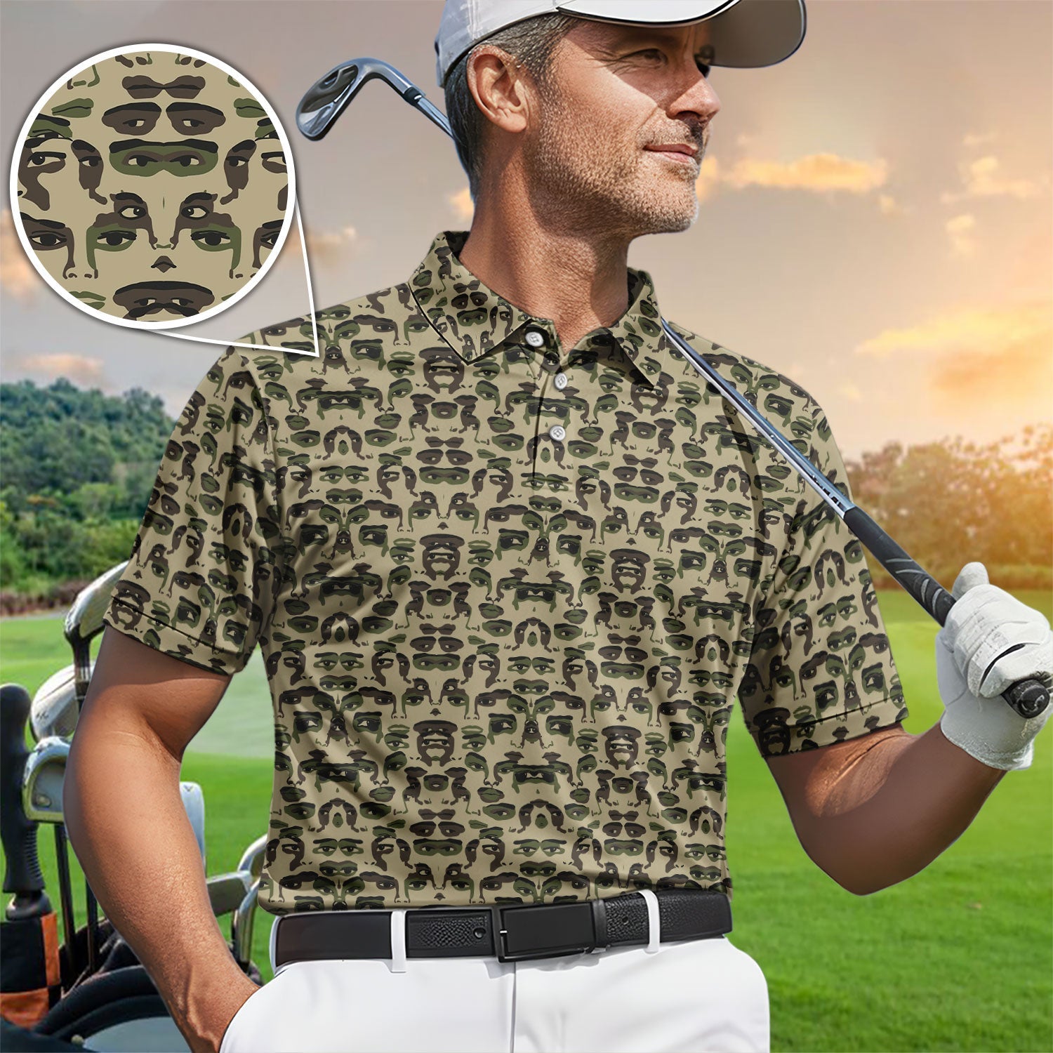 Camo Face Art Pattern Polo Shirt, Crazy Golf Polos For Golfer, Men Golf Gift