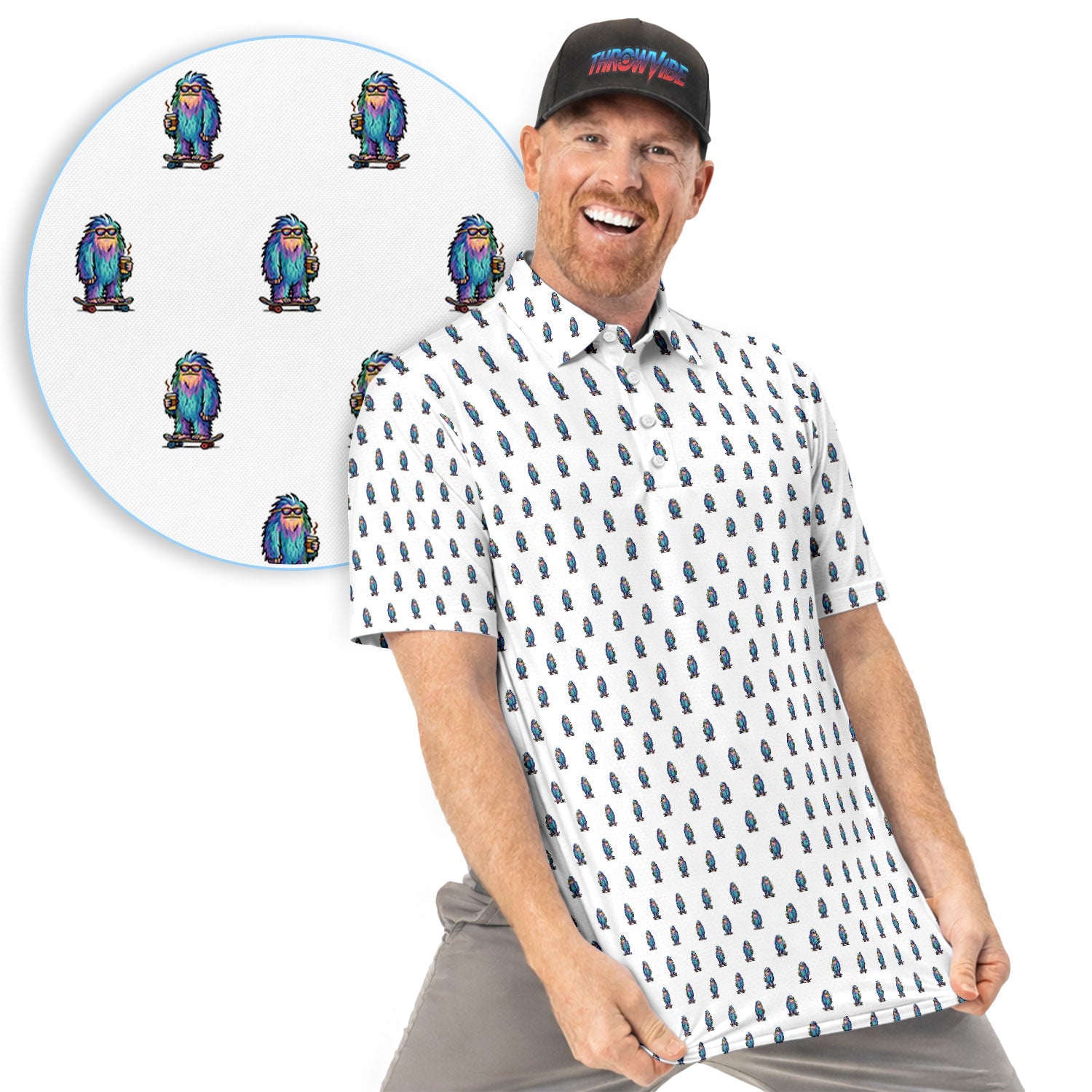 Funny Yeti Pattern Golf Polos, Bigfoot Coffee Skateboard Golf Shirt, Crazy Golf Shirts For Men