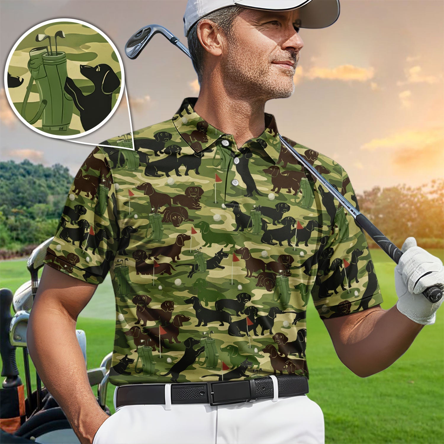 Dachshund Camo Pattern Golf Polos, Crazy Wiener Dog Golf Shirt, Funny Golf Gift For Golfer