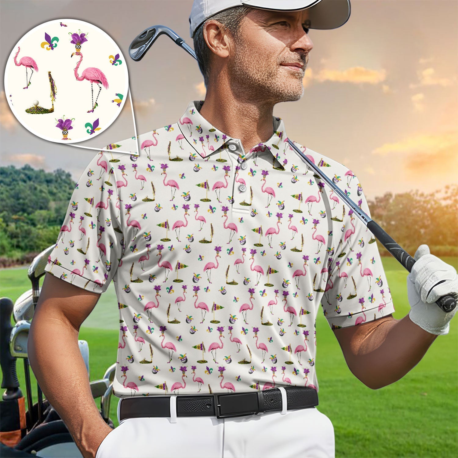 Flamingo Mardi Gras Golf Polos For Golfer, Funny Holiday Pattern Golf Shirt, Golf Gift For Men
