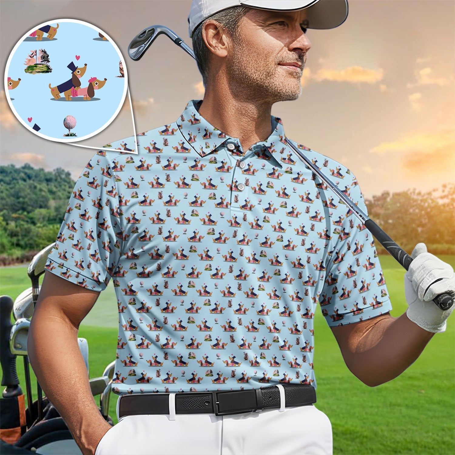 Dachshund Love Pattern Golf Shirt, Wiener Dog Golf Polos, Golf Gift For Golfer