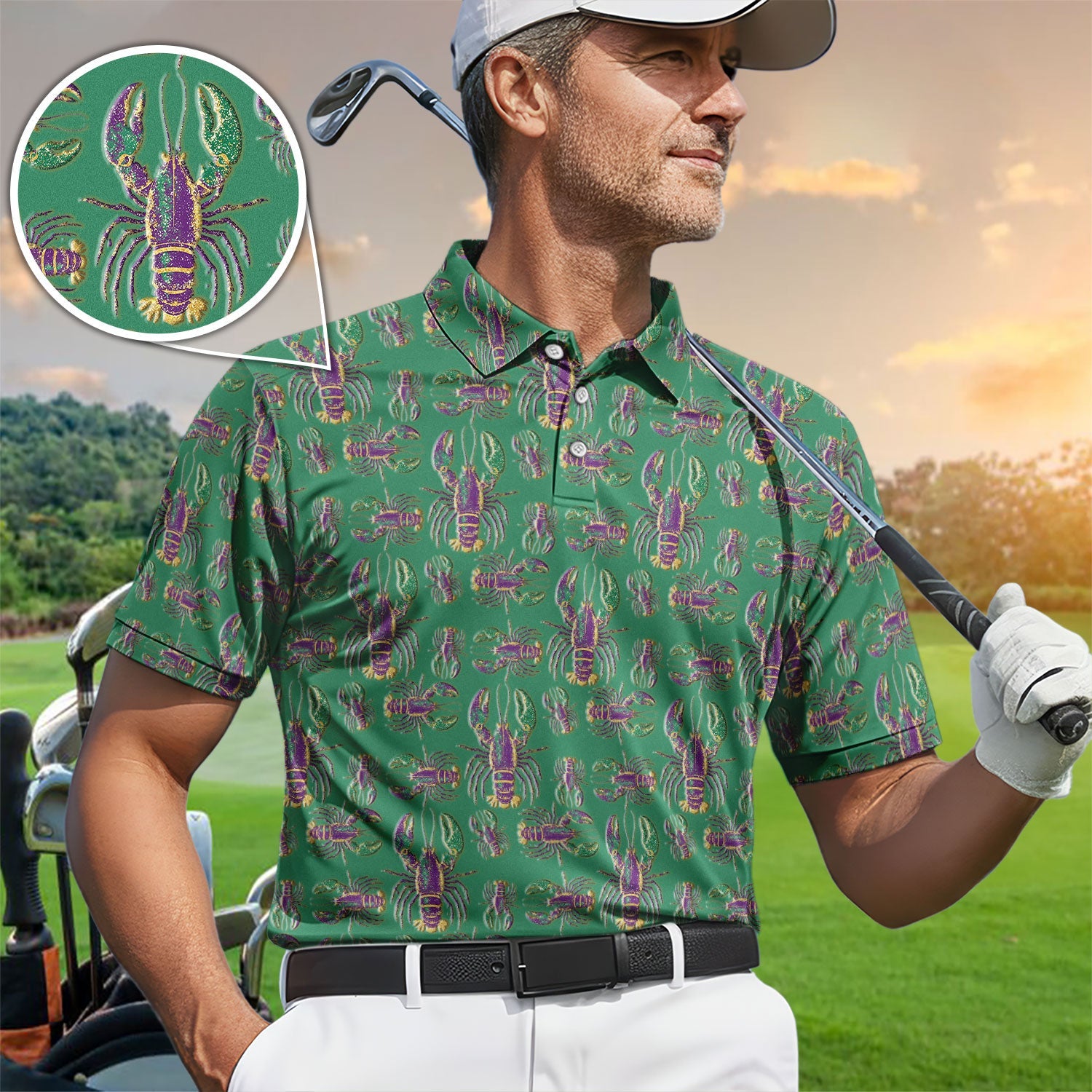Mardi Gras Crawfish Pattern Golf Polos, Crazy Louisiana Crawfish Golf Shirt For Men, Golf Gift For Golfer