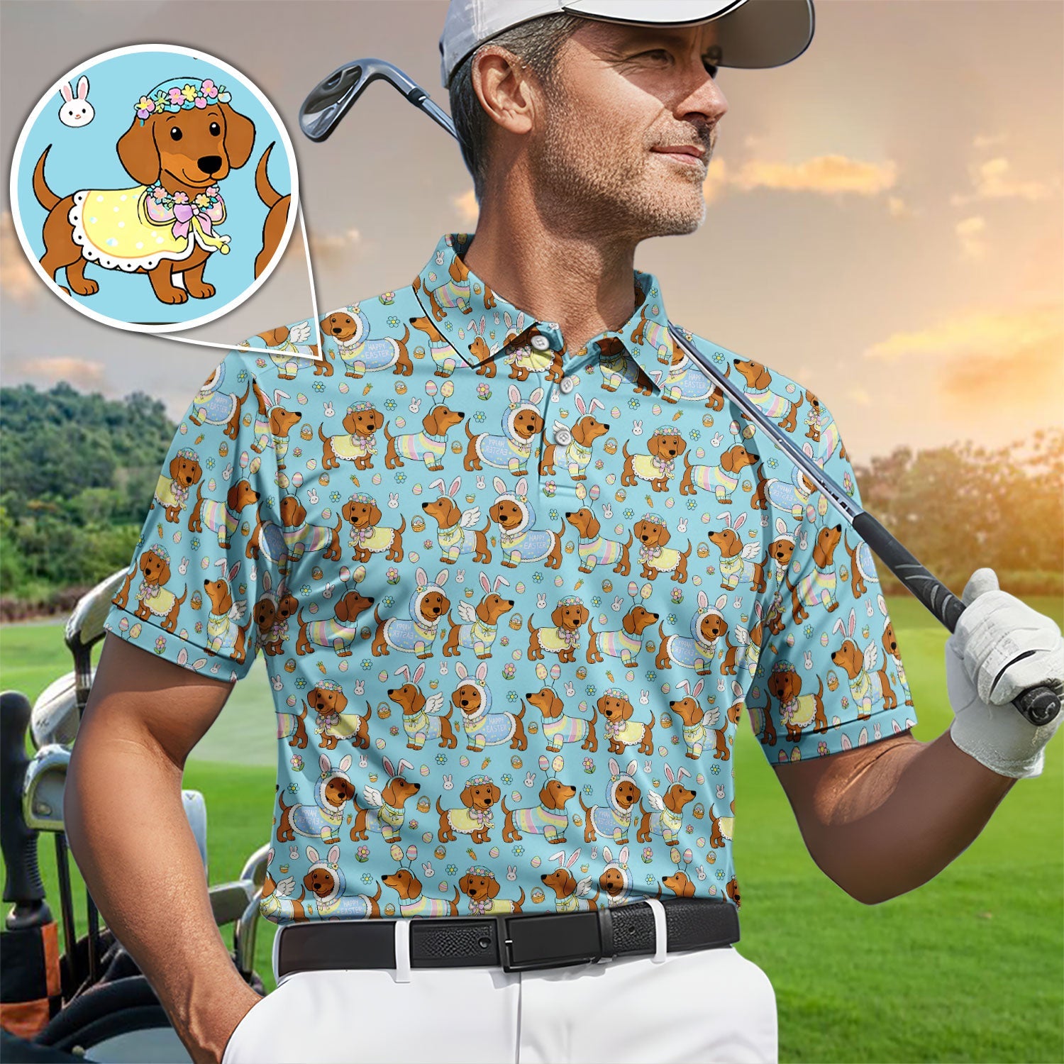 Dachshund Happy Easter Golf Polos, Easter Wiener Dog Pattern Golf Shirt, Golf Gift For Golfer