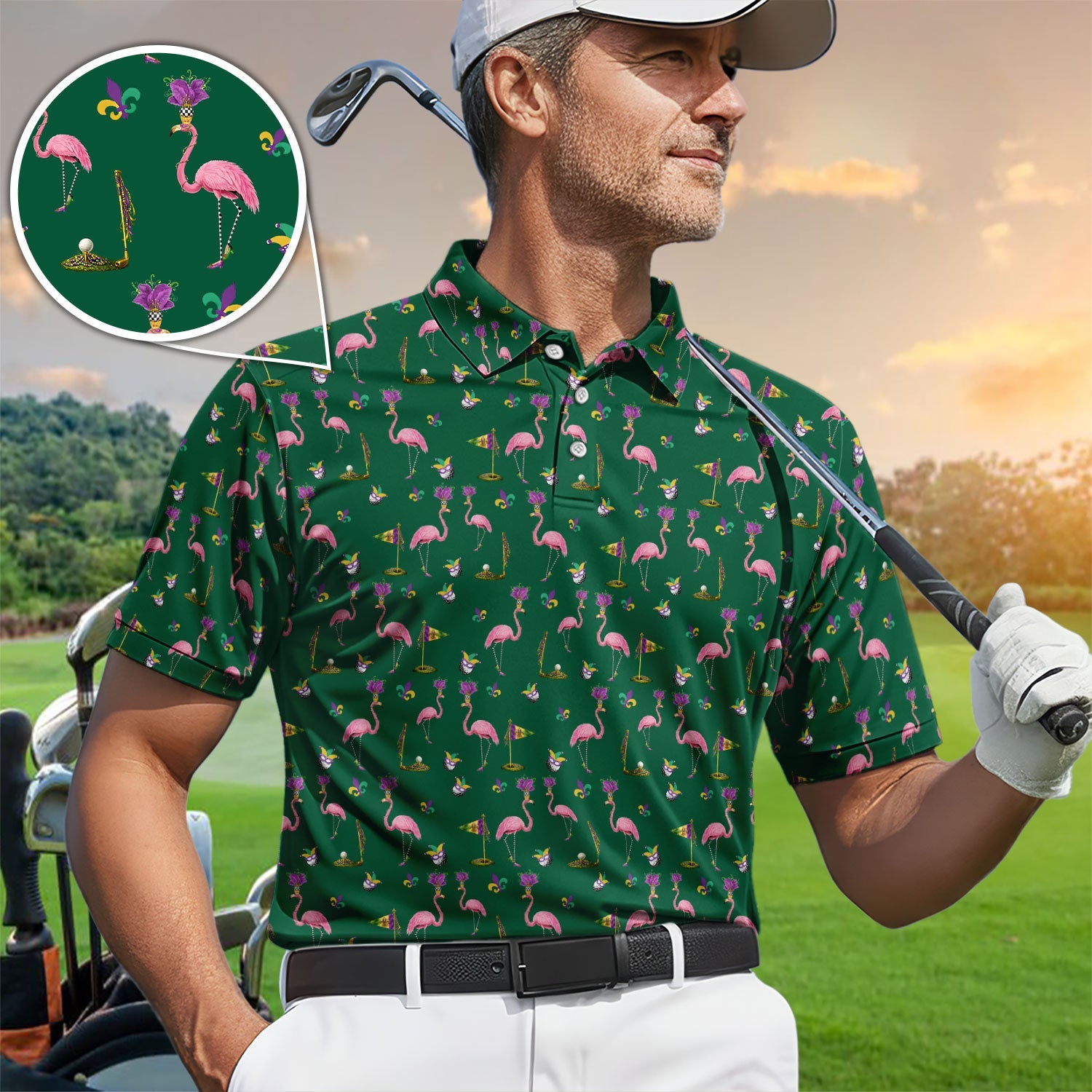 Flamingo Mardi Gras Golf Polos For Golfer, Funny Holiday Pattern Golf Shirt, Golf Gift For Men