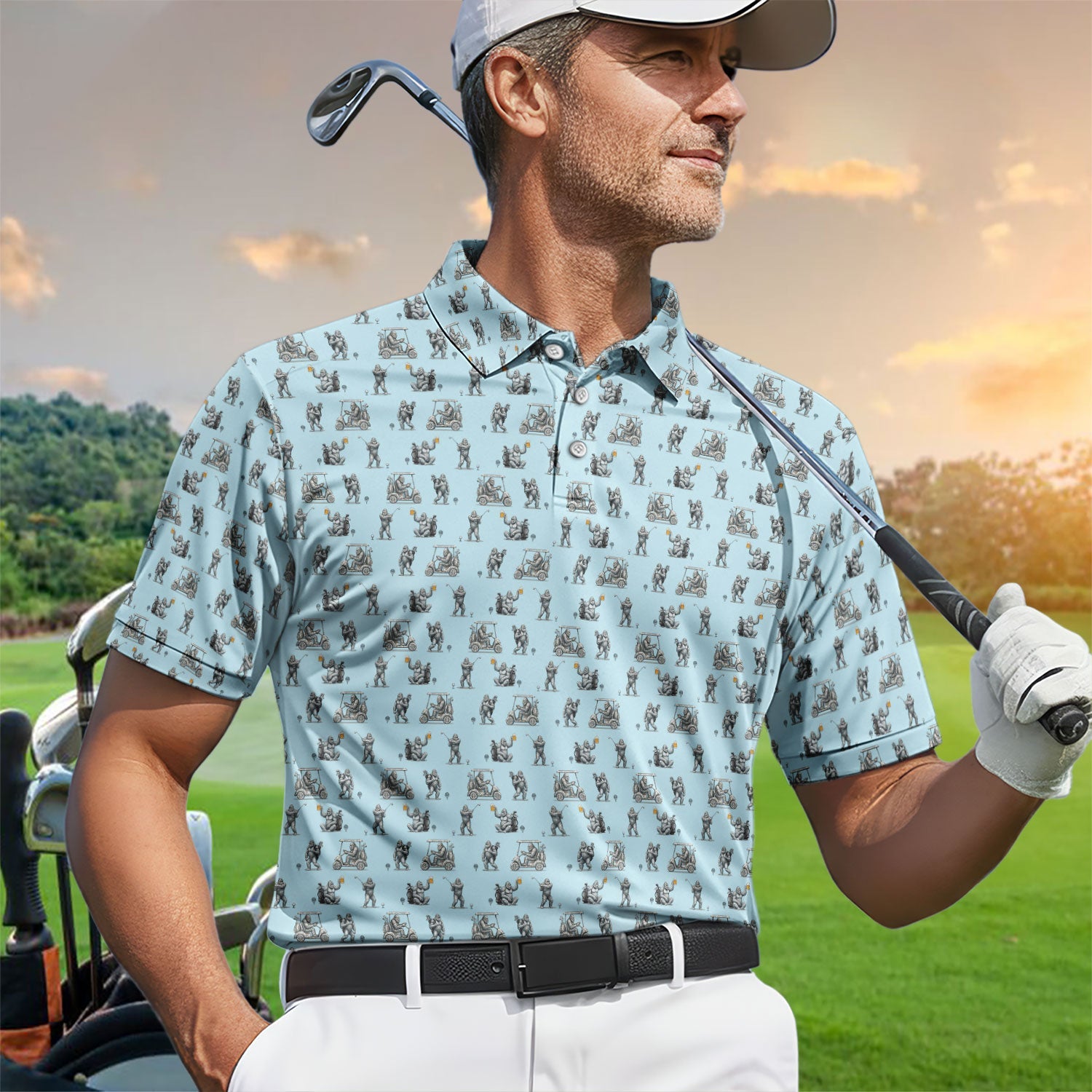 Funny Bigfoot Pattern Golf Shirt, Squatch Bigfoot Golf Polos, Crazy Golf Gift For Men