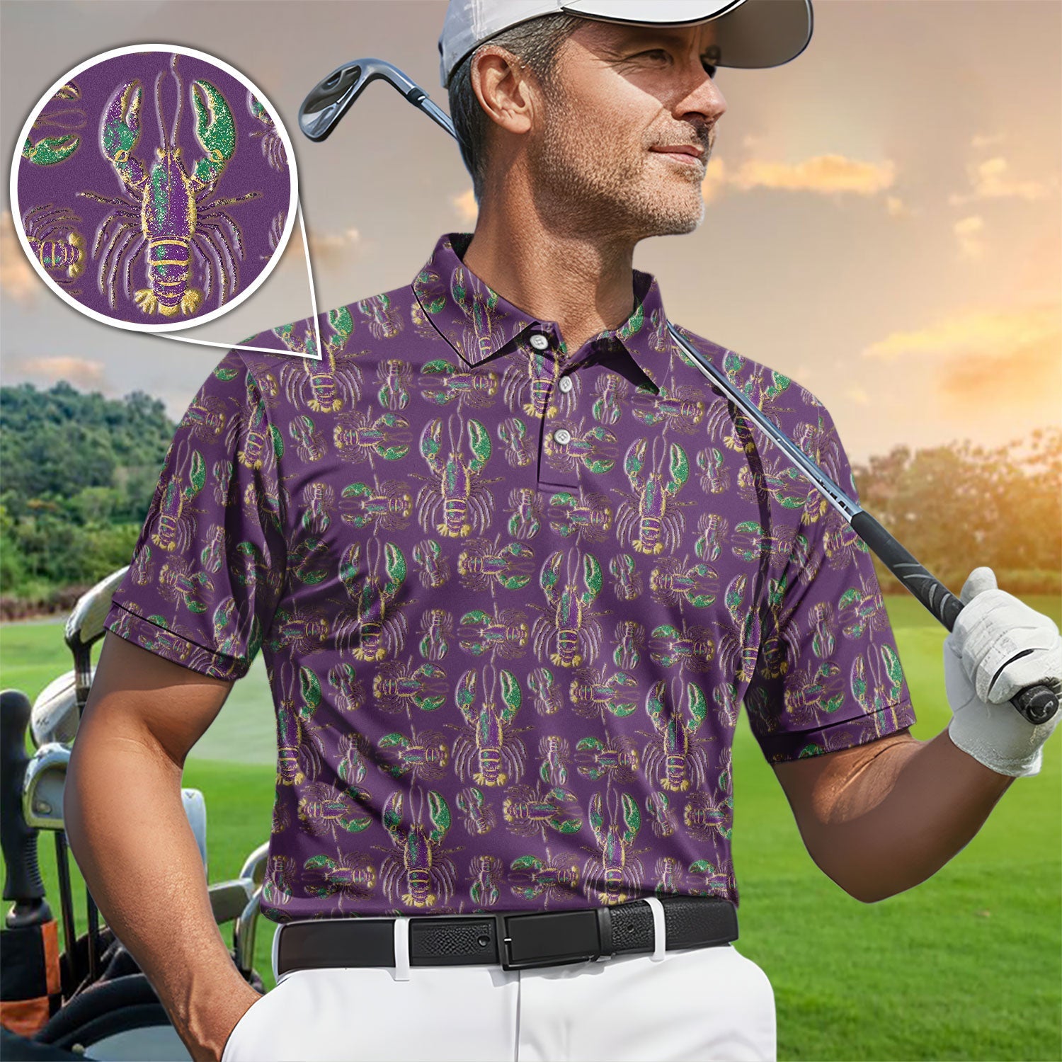 Mardi Gras Crawfish Pattern Golf Polos, Crazy Louisiana Crawfish Golf Shirt For Men, Golf Gift For Golfer