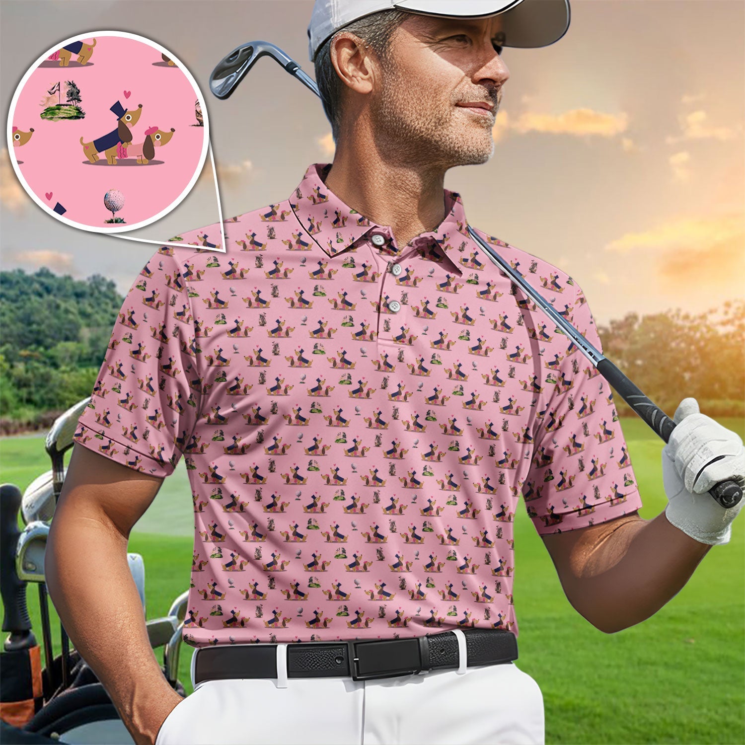 Dachshund Love Pattern Golf Shirt, Wiener Dog Golf Polos, Golf Gift For Golfer