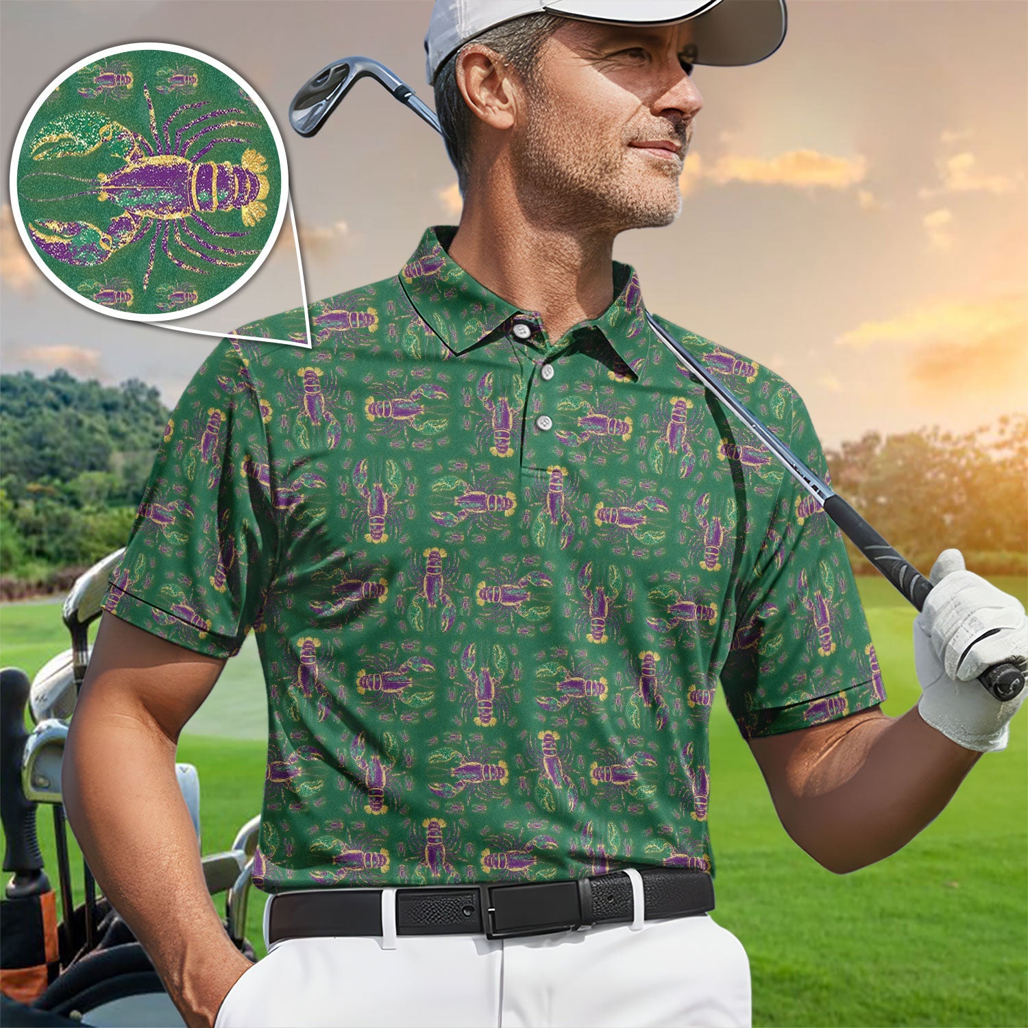 Louisiana Crawfish Pattern Golf Shirt, Mardi Gras Golf Polos For Golfer