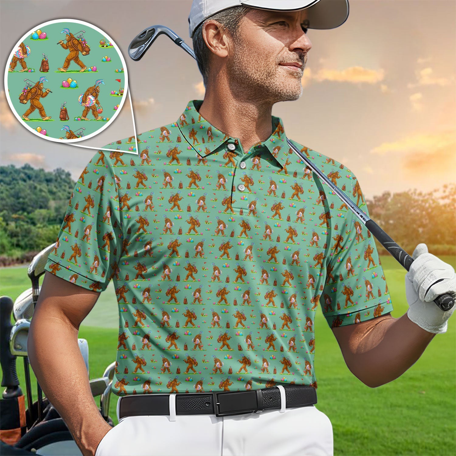 Bigfoot Easter Pattern Golf Polos, Bunny Sasquatch Golf Shirt For Men, Easter Day Shirt For Golfer