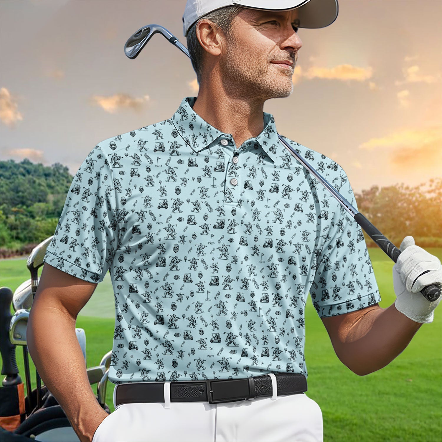 Squatch Bigfoot Pattern Golf Shirt, Funny Bigfoot Golf Polos, Golf Gift For Men