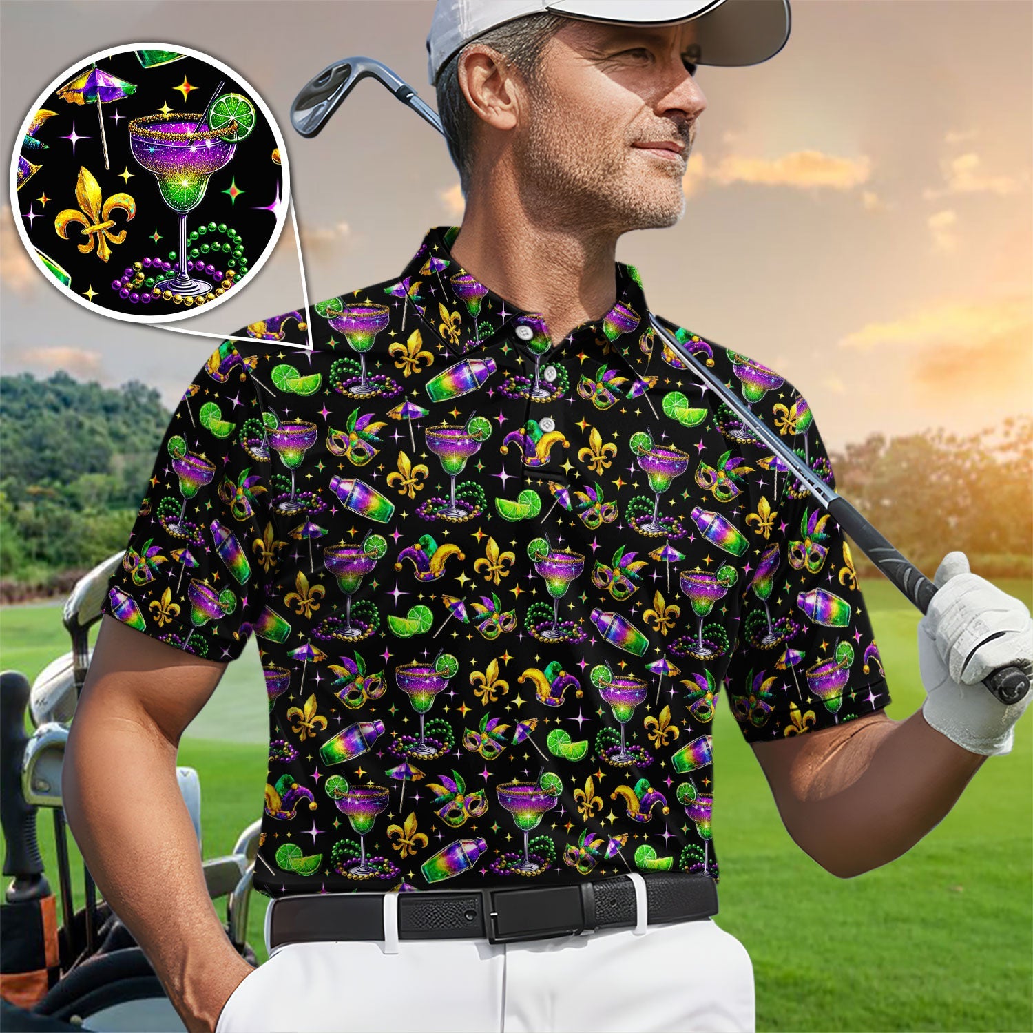 Funny Glitter Mardi Gras Pattern Golf Polos, Mardi Gras And Margaritas Golf Shirt For Men, Golf Gift For Golfer