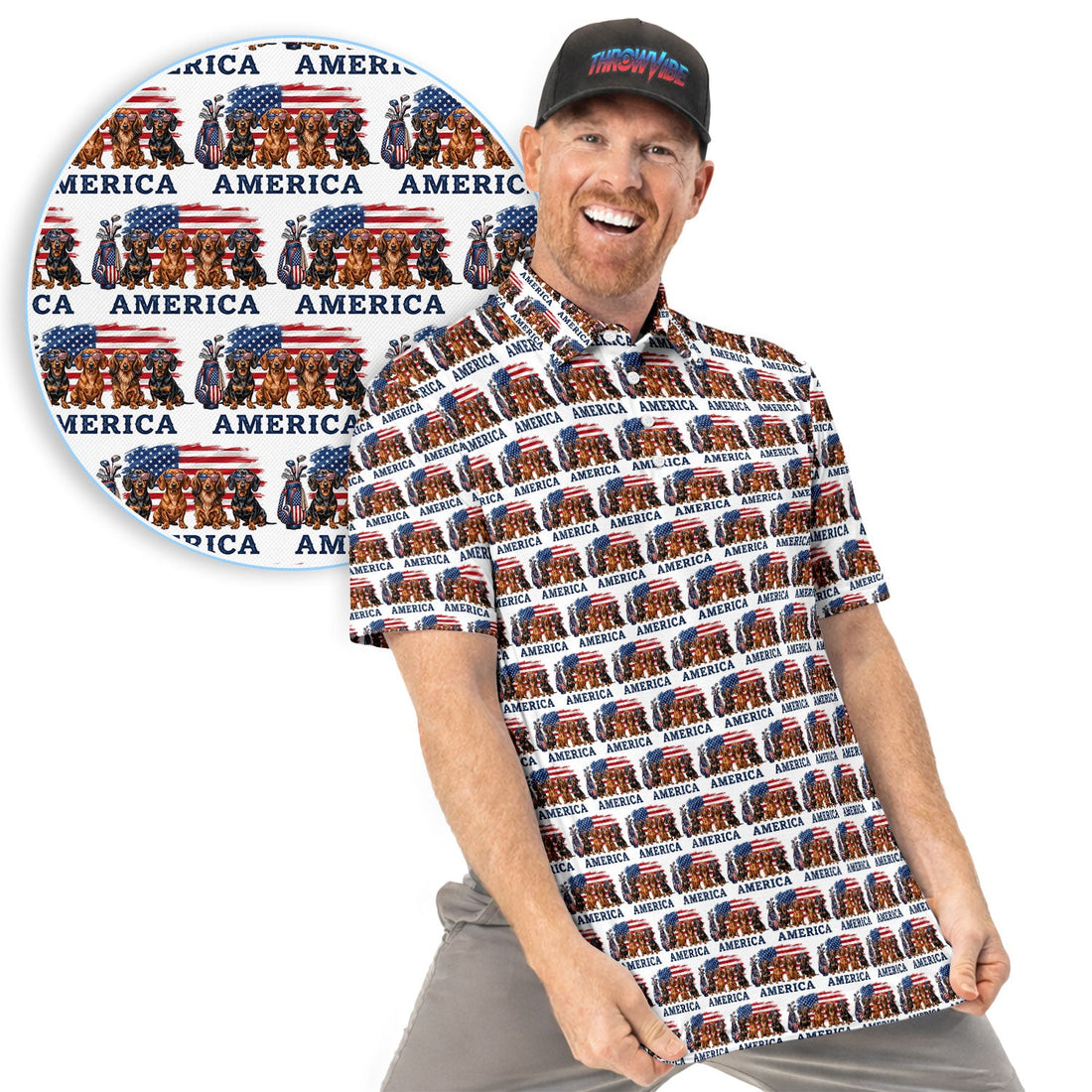 Dachshund America Pattern Golf Polos, Crazy Dachshund Golf Shirt For Men, Funny Golf Shirt