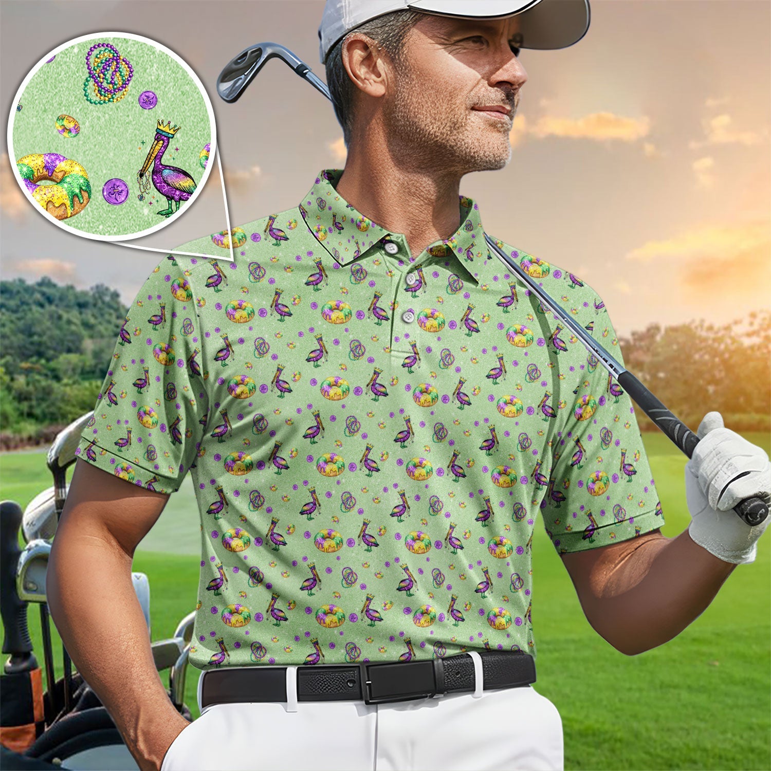 Funny Mardi Gras Pattern Golf Polos, Carnival Golf Shirt For Men, Golf Gift For Golfer