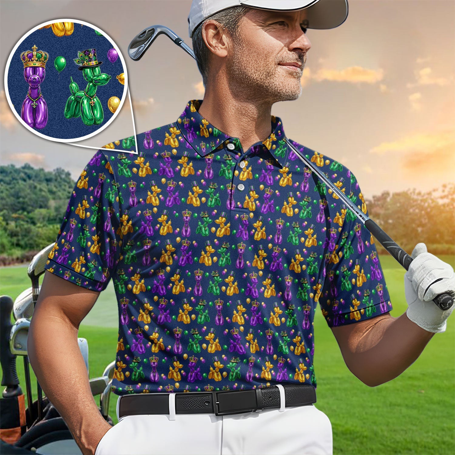 Mardi Gras Bead Dogs Golf Polos For Golfer, Festival Pattern Golf Shirt, Golf Gift For Men