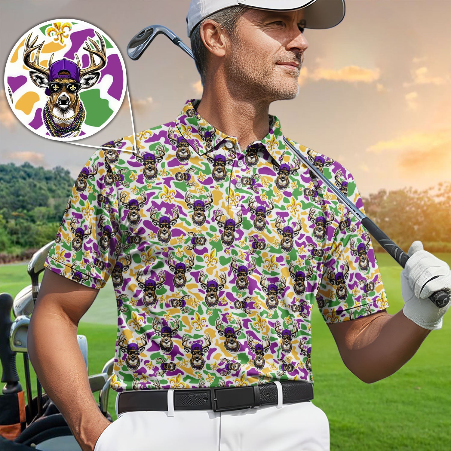 Mardi Gras Golf Polos For Golfer, Festival Deer Pattern Golf Shirt, Golf Gift For Men