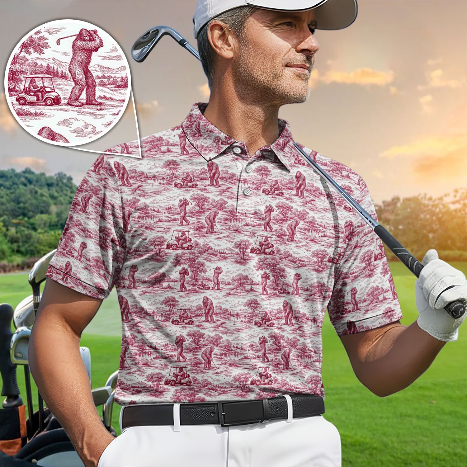 Crazy Bigfoot Pattern Golf Polos, Funny Sasquatch Golf Shirt For Men, Golf Gift For Golfer