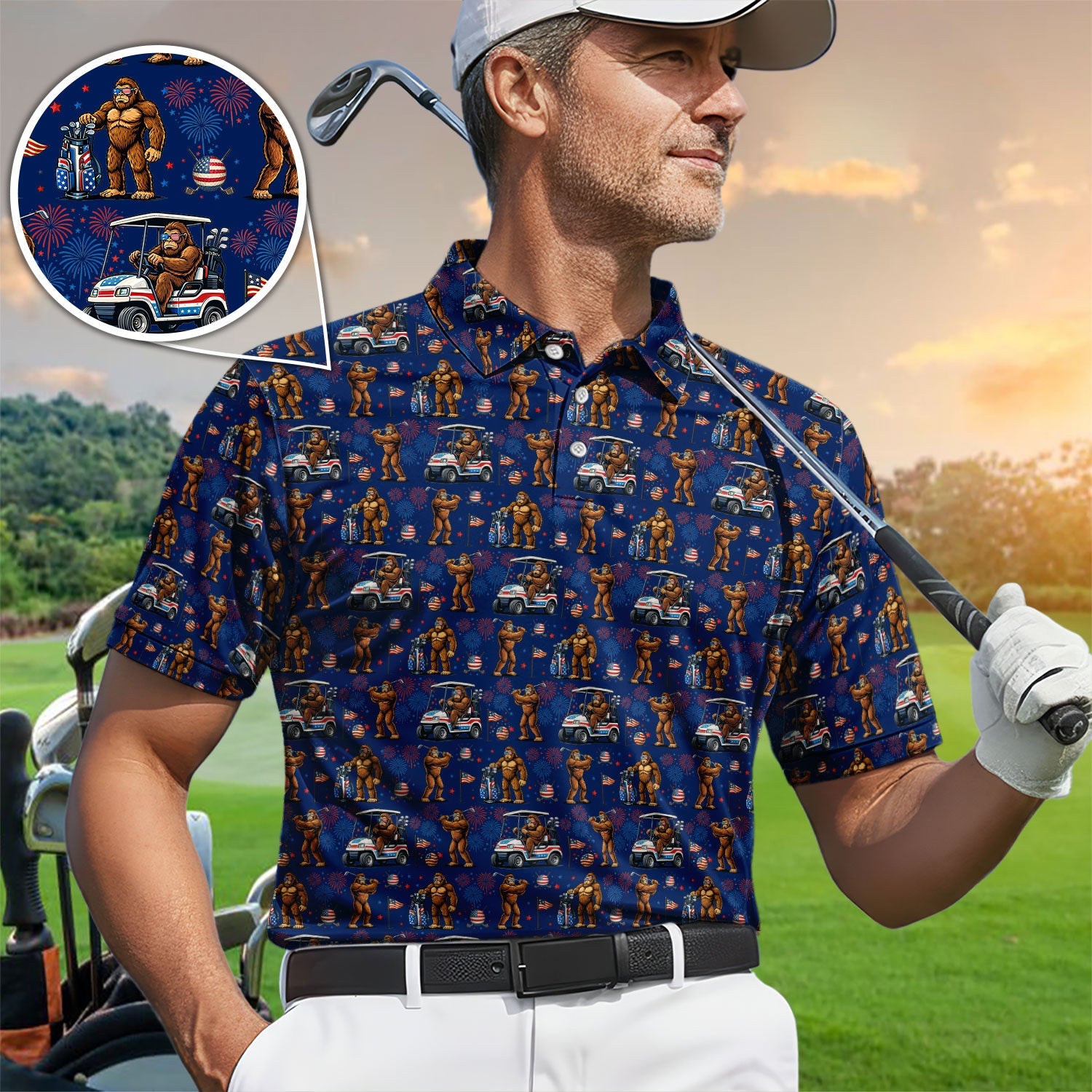 Funny Bigfoot Golf Polos For Golfer, Sasquatch Patriotic USA Pattern Golf Shirt, Golf Gift For Men