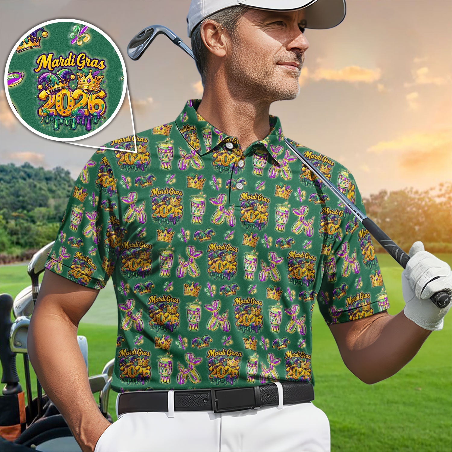 Mardi Gras 2026 Golf Polos For Golfer, Festive Crown Mask Pattern Golf Shirt, Golf Gift For Men