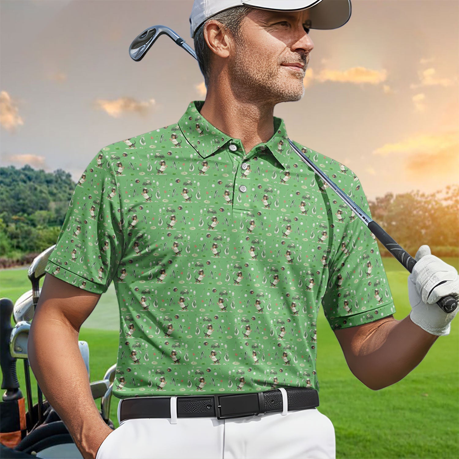 Funny Wiener Dog Golf Shirt, Dachshund Pattern Golf Polos, Crazy Golf Gift For Men