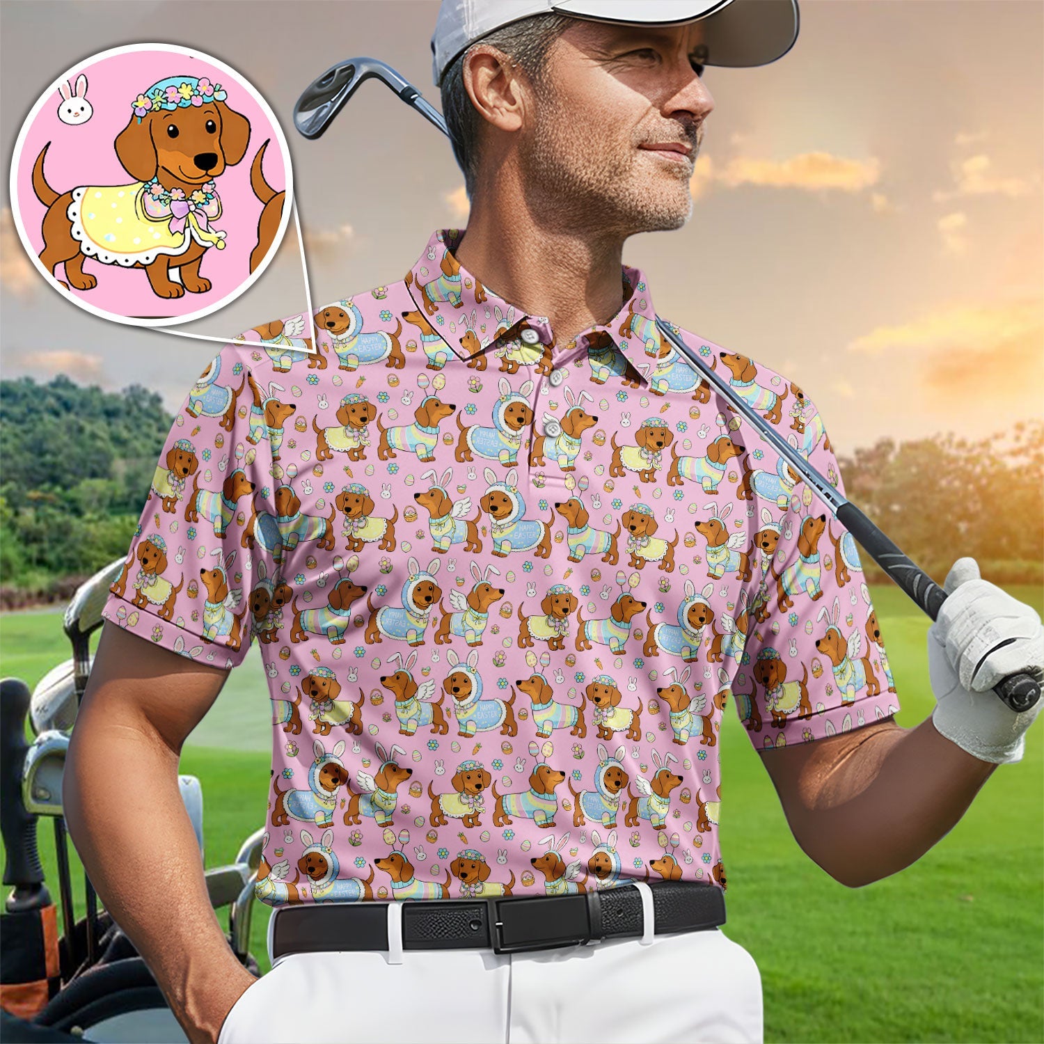 Dachshund Happy Easter Golf Polos, Easter Wiener Dog Pattern Golf Shirt, Golf Gift For Golfer