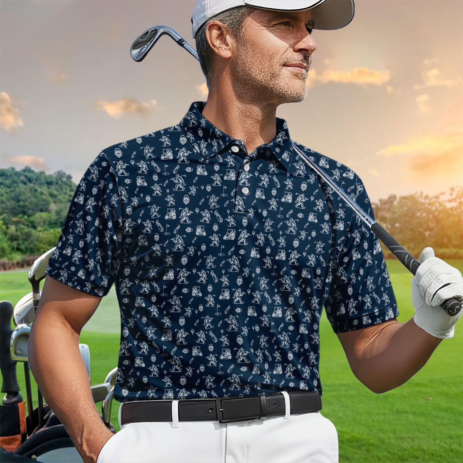 Squatch Bigfoot Pattern Golf Shirt, Funny Bigfoot Golf Polos, Golf Gift For Men