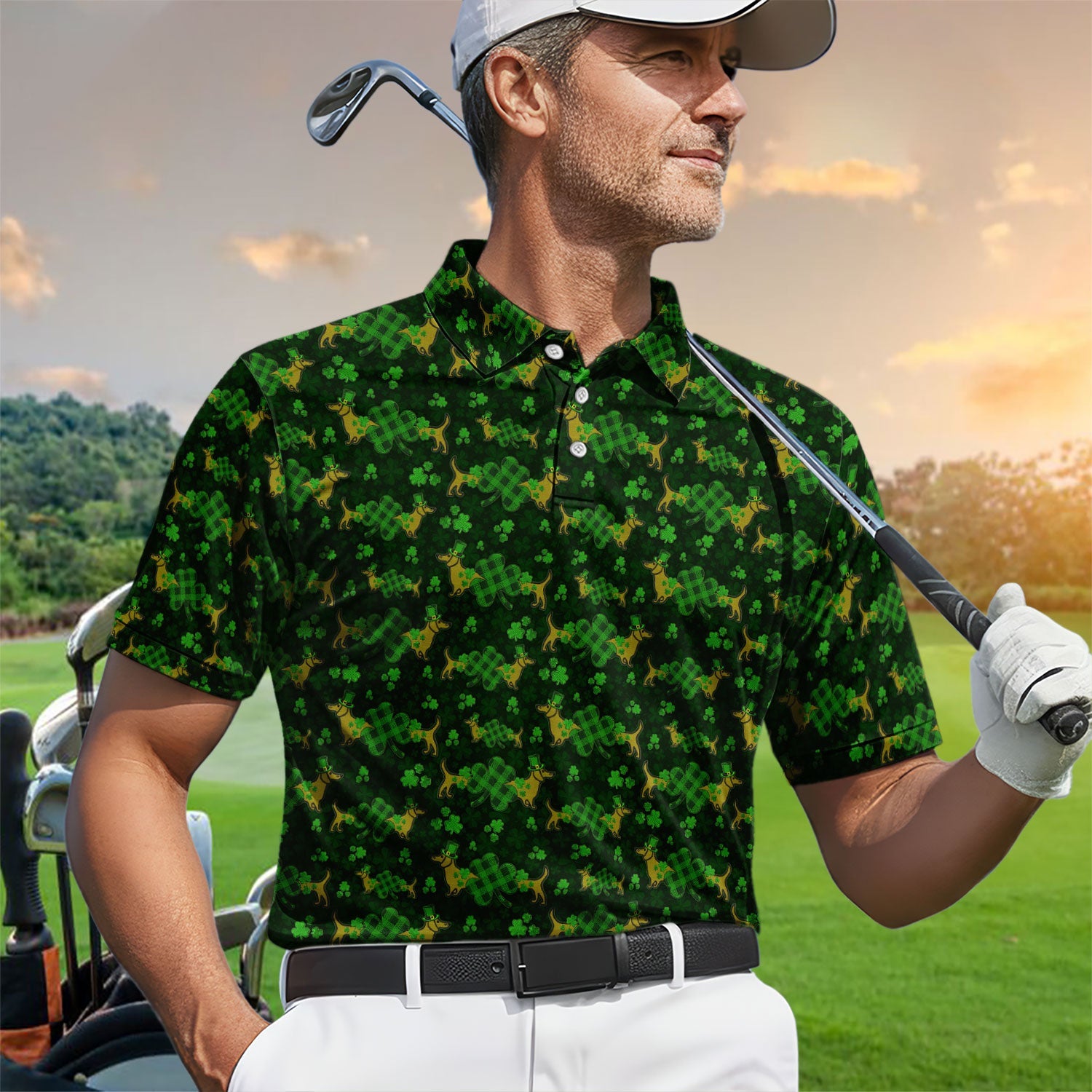 St. Patrick’s Day Golf Polos, Funny Dachshund Shamrock Golf Shirt For Men, Crazy Golf Gift For Golfer