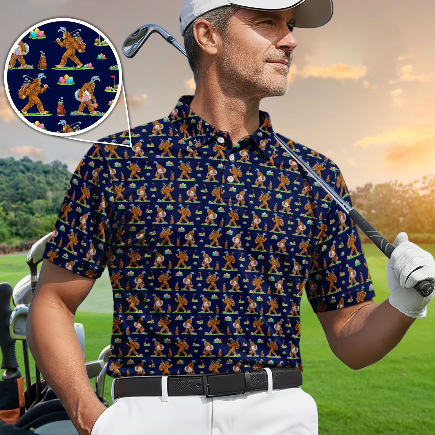 Bigfoot Easter Pattern Golf Polos, Bunny Sasquatch Golf Shirt For Men, Easter Day Shirt For Golfer