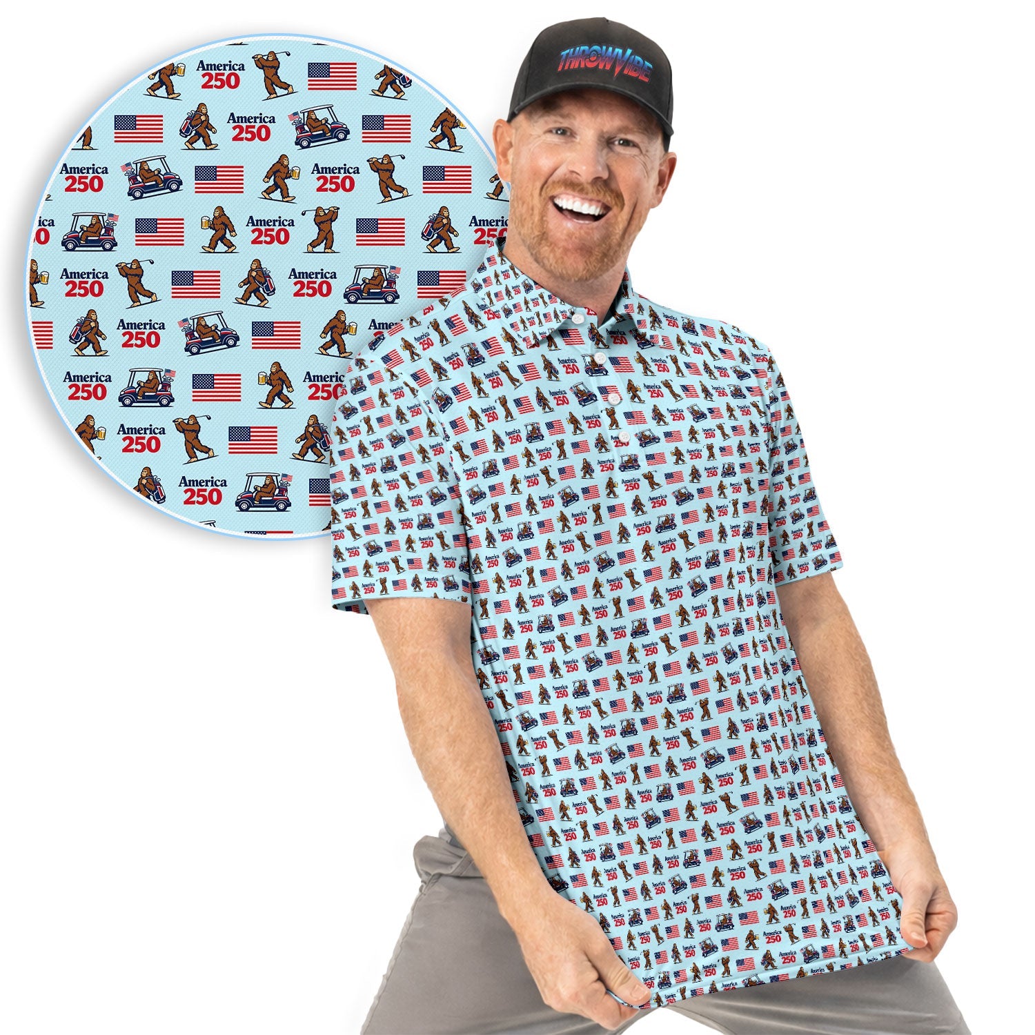 Bigfoot America 250 Pattern Golf Polos, Crazy Bigfoot Golf Shirt For Men, Funny Golf Shirt