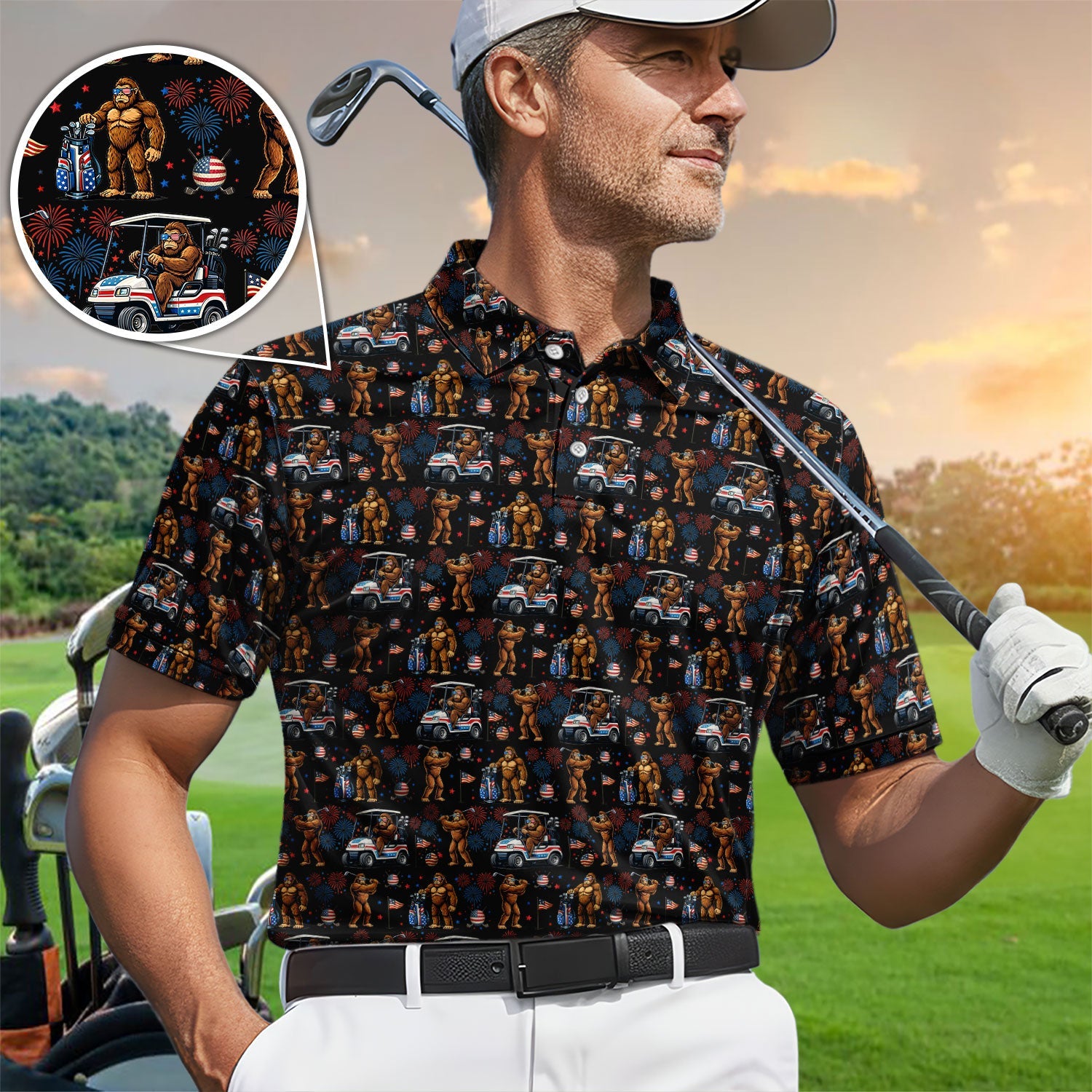 Funny Bigfoot Golf Polos For Golfer, Sasquatch Patriotic USA Pattern Golf Shirt, Golf Gift For Men
