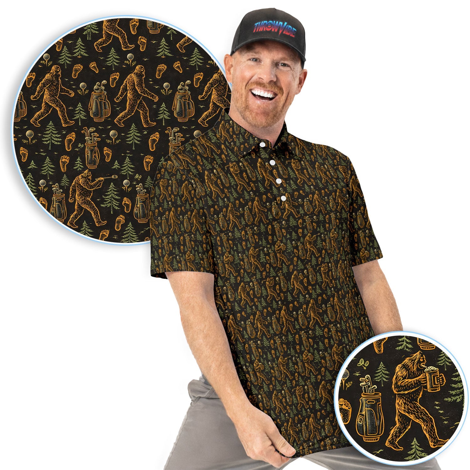 Bigfoot Beer Forest Pattern Golf Shirt, Sasquatch Drinking Golf Shirt For Men, Golfer Gift