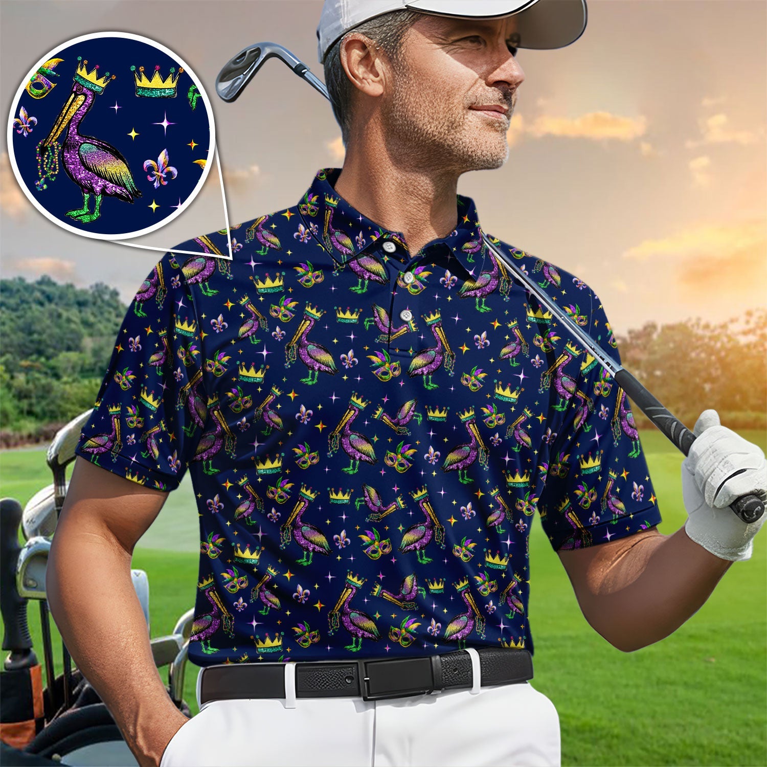 Mardi Gras Pelican Pattern Golf Polos, Funny Pelican Golf Shirt For Men, Crazy Golf Gift For Golfer