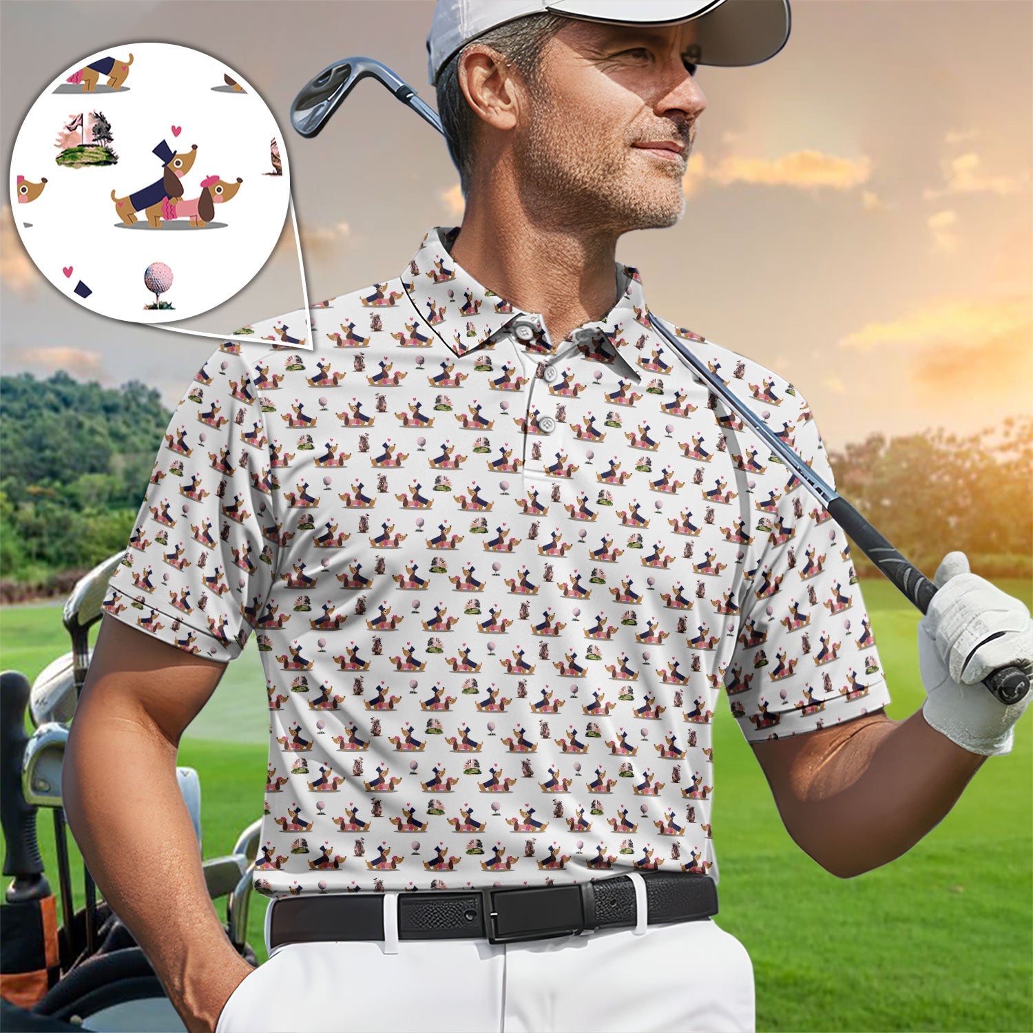 Dachshund Love Pattern Golf Shirt, Wiener Dog Golf Polos, Golf Gift For Golfer