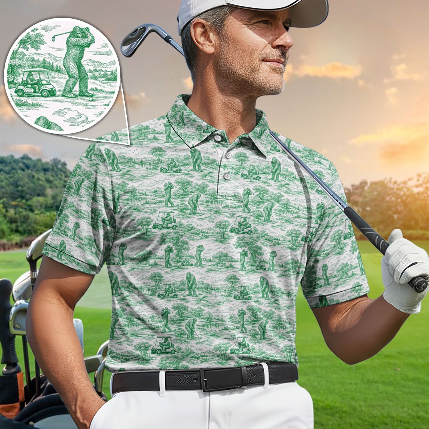 Crazy Bigfoot Pattern Golf Polos, Funny Sasquatch Golf Shirt For Men, Golf Gift For Golfer